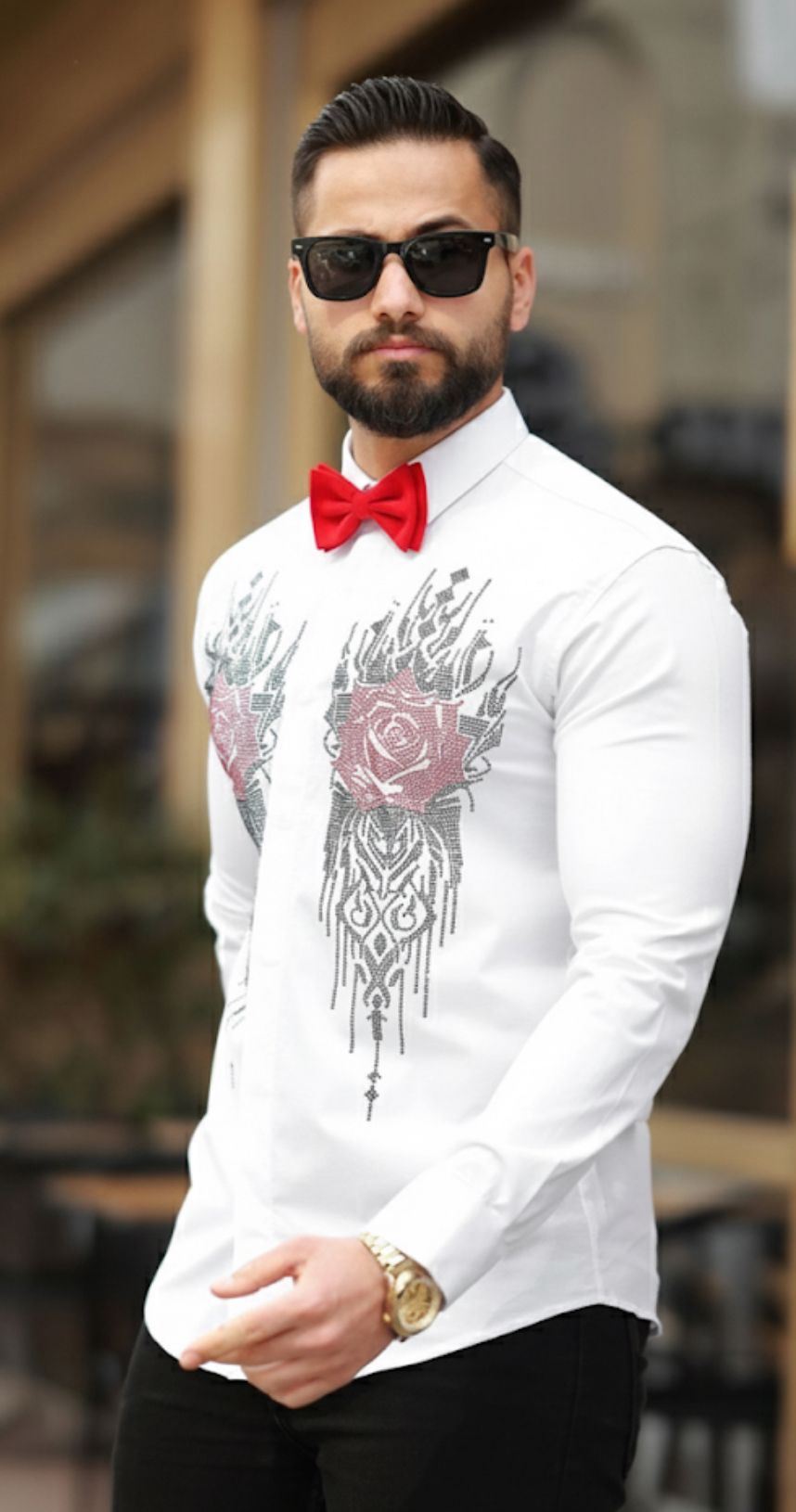 Damatlık Taşlı  Beyaz Slim Fit Gömlek