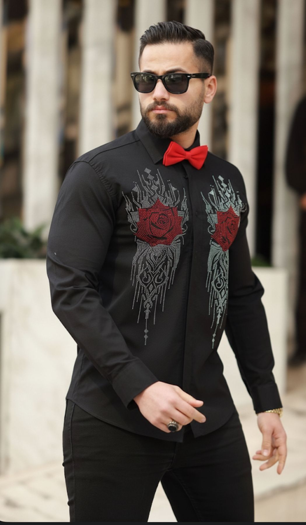 Damatlık Taşlı Siyah Slim Fit Gömlek