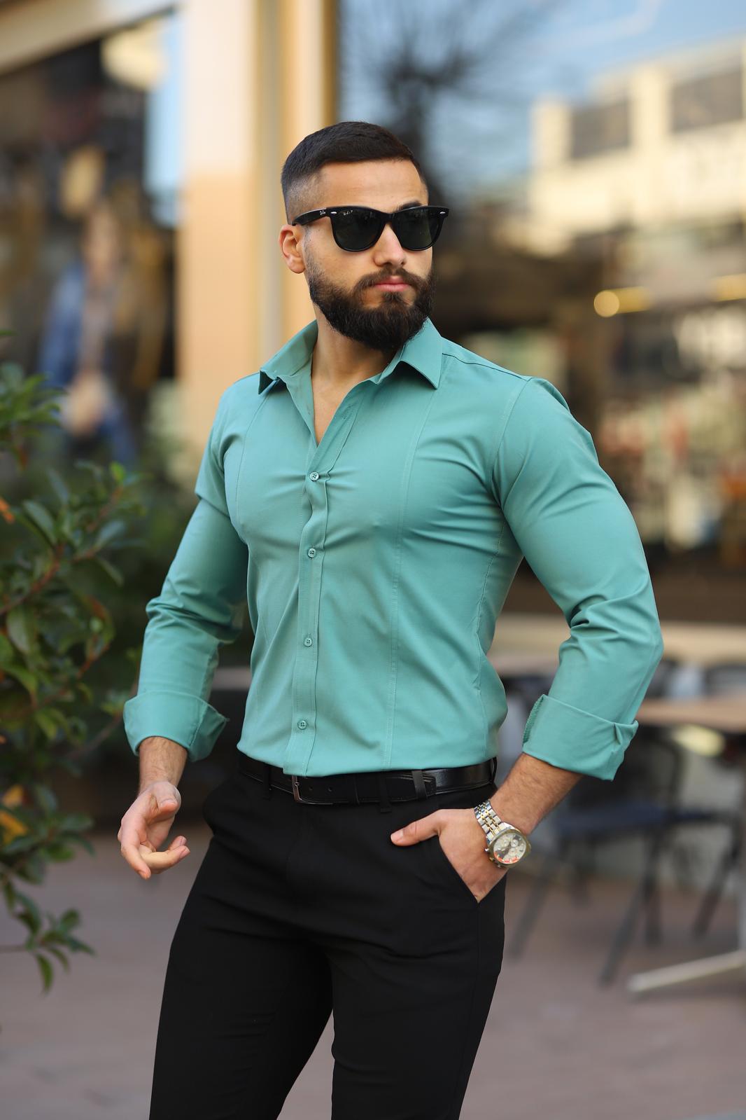 Mint Yeşili Slim Fit Uzun Kollu Gömlek
