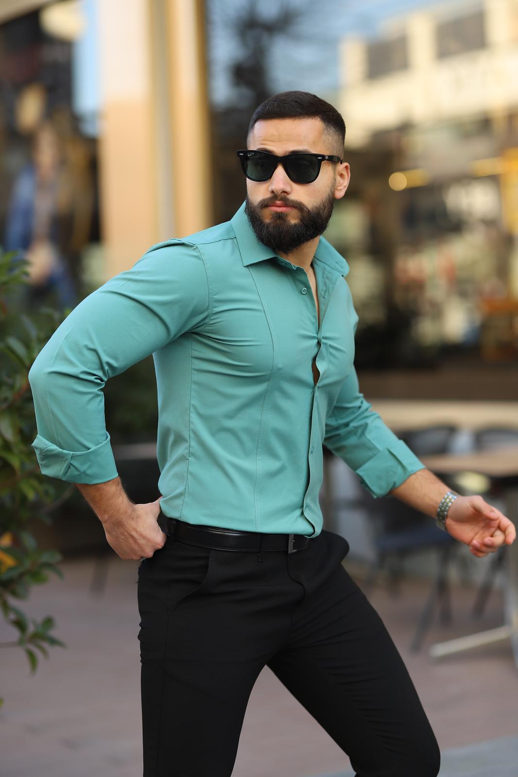 Mint Yeşili Slim Fit Uzun Kollu Gömlek - Görsel 2