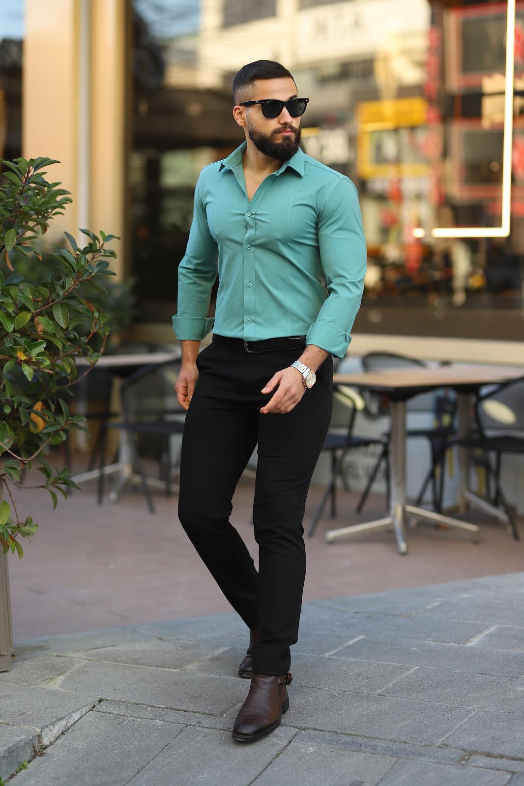 Mint Yeşili Slim Fit Uzun Kollu Gömlek - Görsel 3