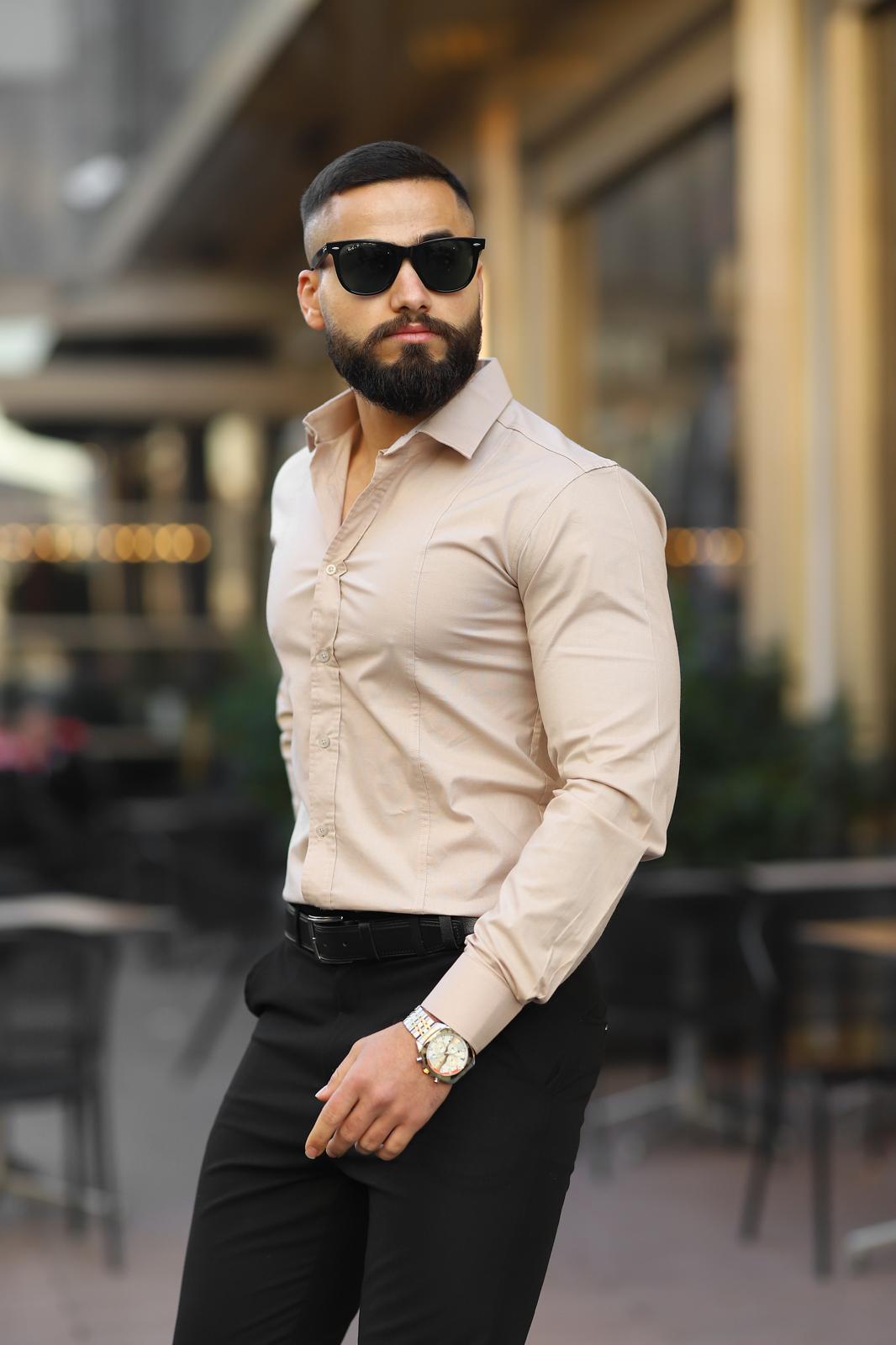 Bej Slim Fit Uzun Kollu Erkek Gömlek