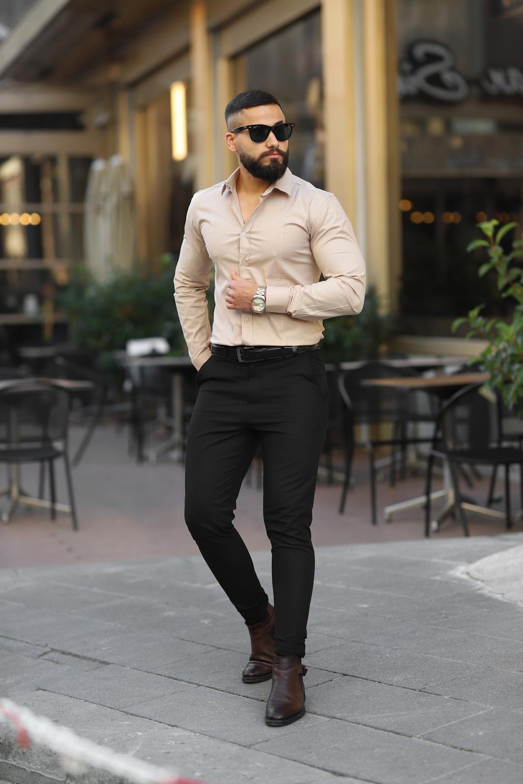 Bej Slim Fit Uzun Kollu Erkek Gömlek - Görsel 3