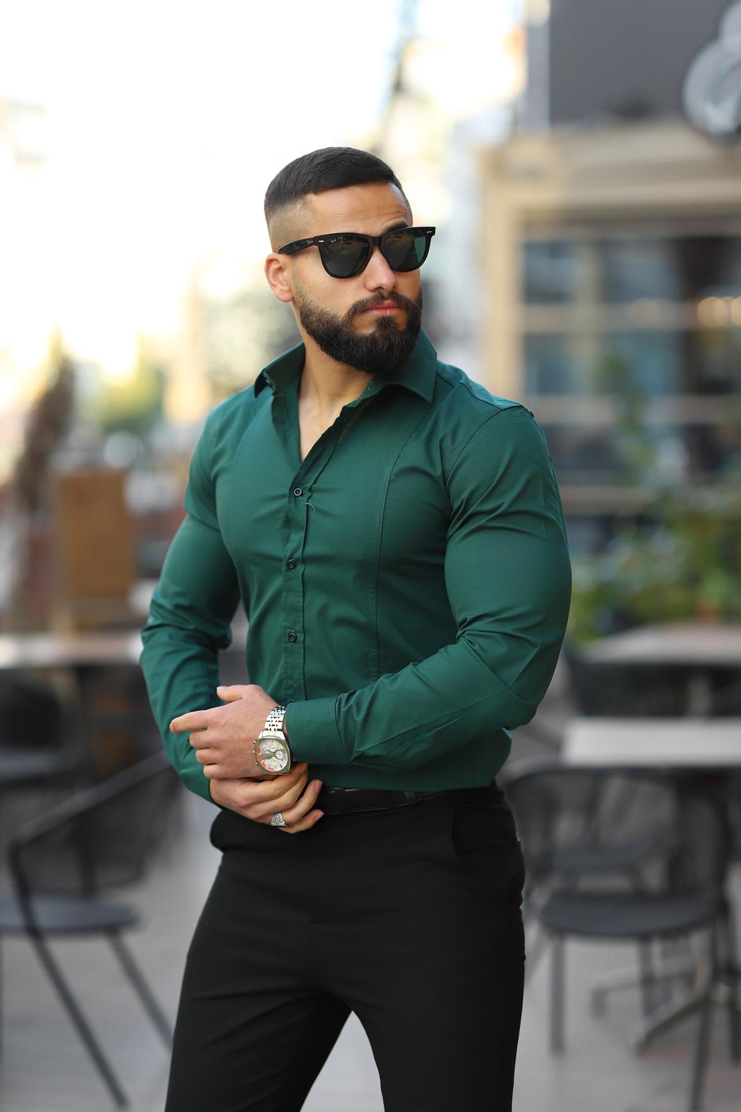 Yeşil Slim Fit Uzun Kollu Erkek Gömlek - Görsel 3