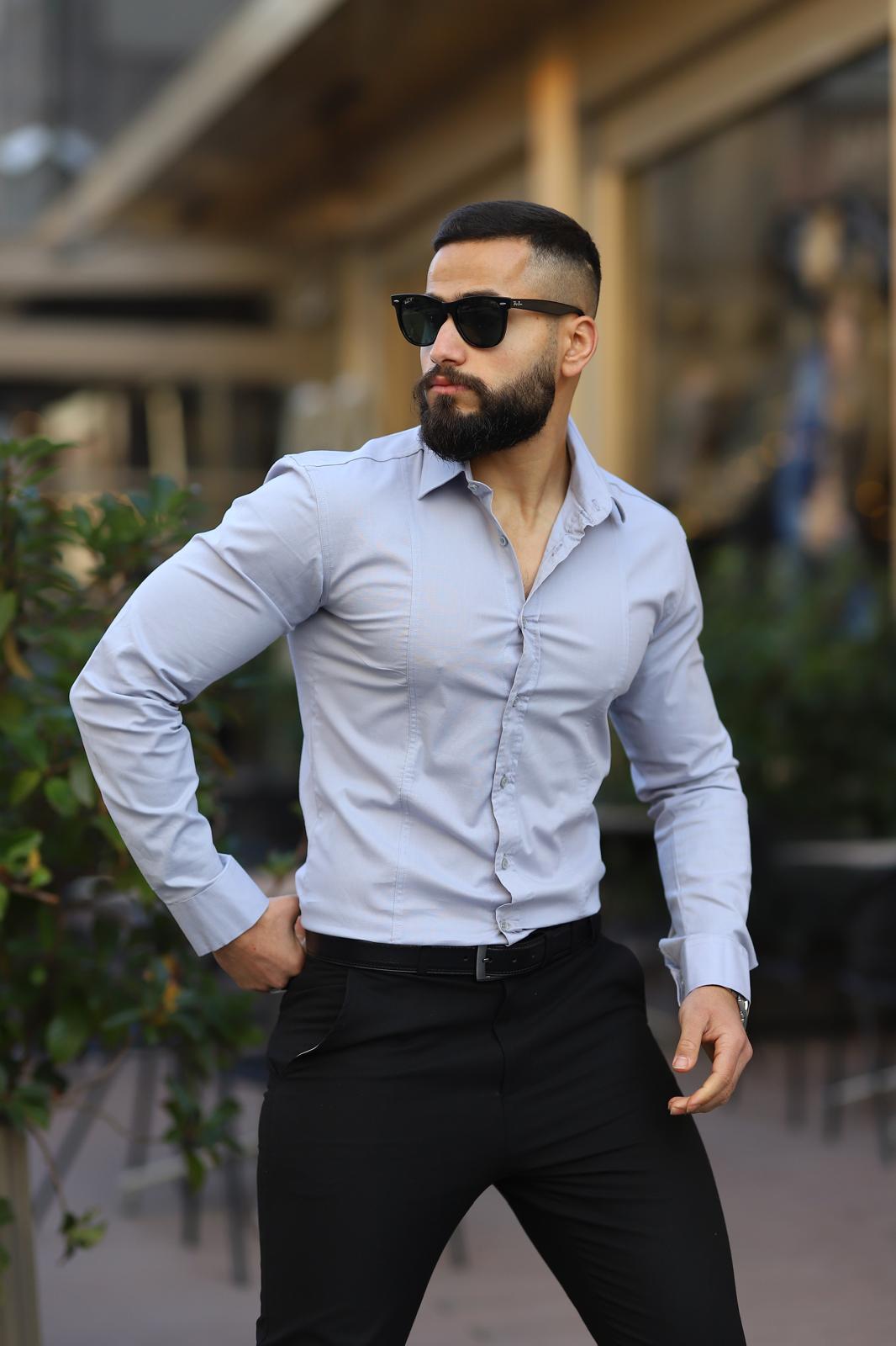 Açık Gri Slim Fit Uzun Kollu Erkek Gömlek