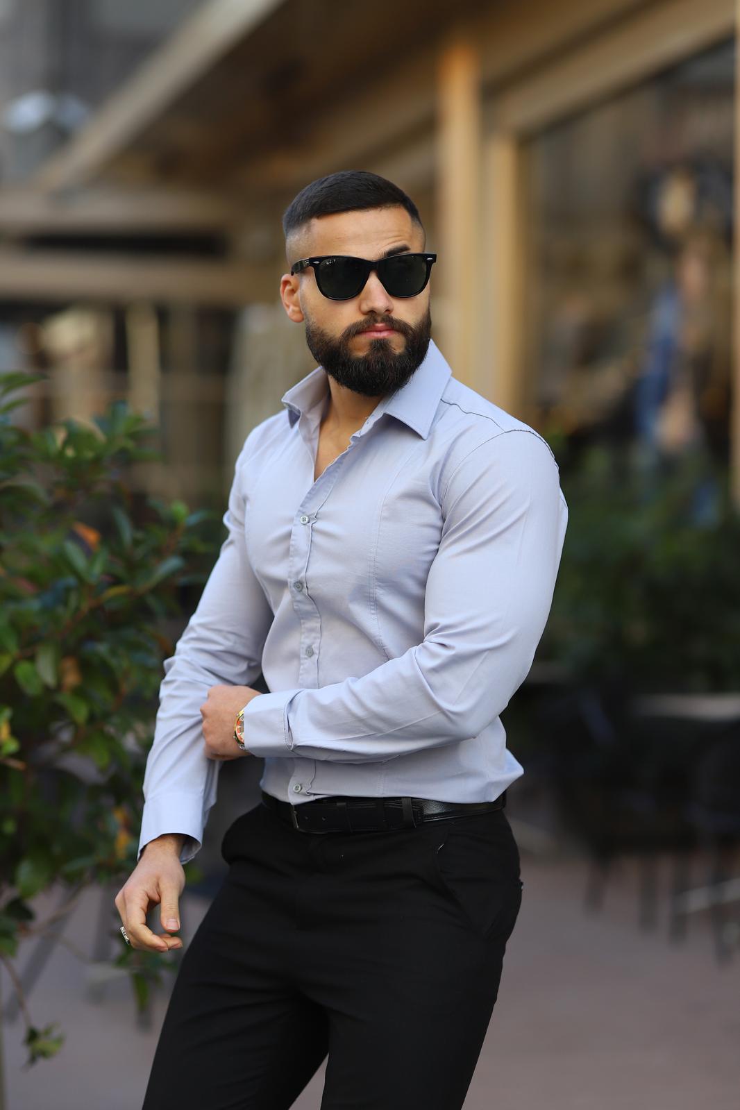 Açık Gri Slim Fit Uzun Kollu Erkek Gömlek - Görsel 2