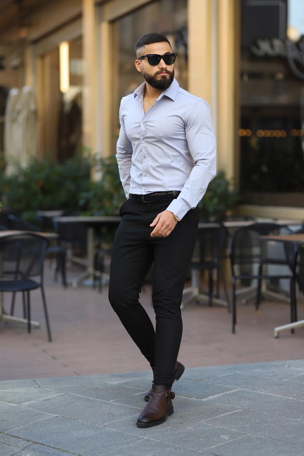 Açık Gri Slim Fit Uzun Kollu Erkek Gömlek - Görsel 3