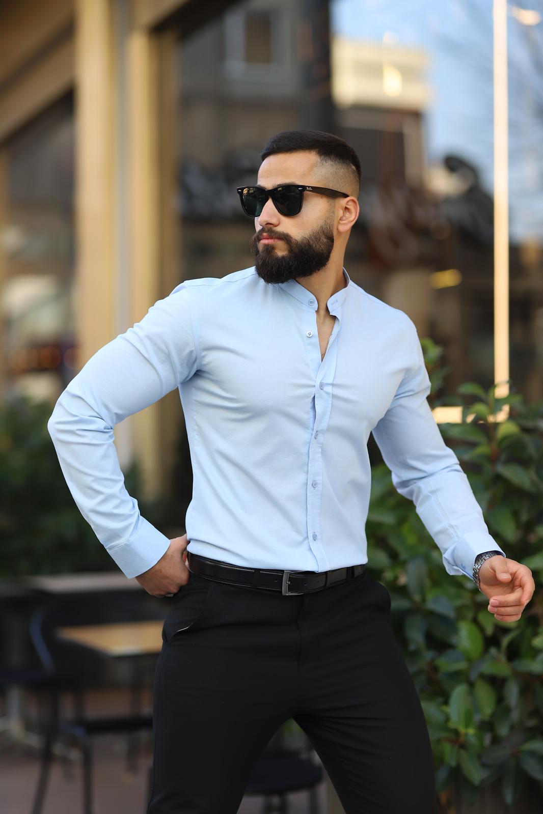 Açık Mavi Slim Fit Hakim Yaka Uzun Kollu Gömlek