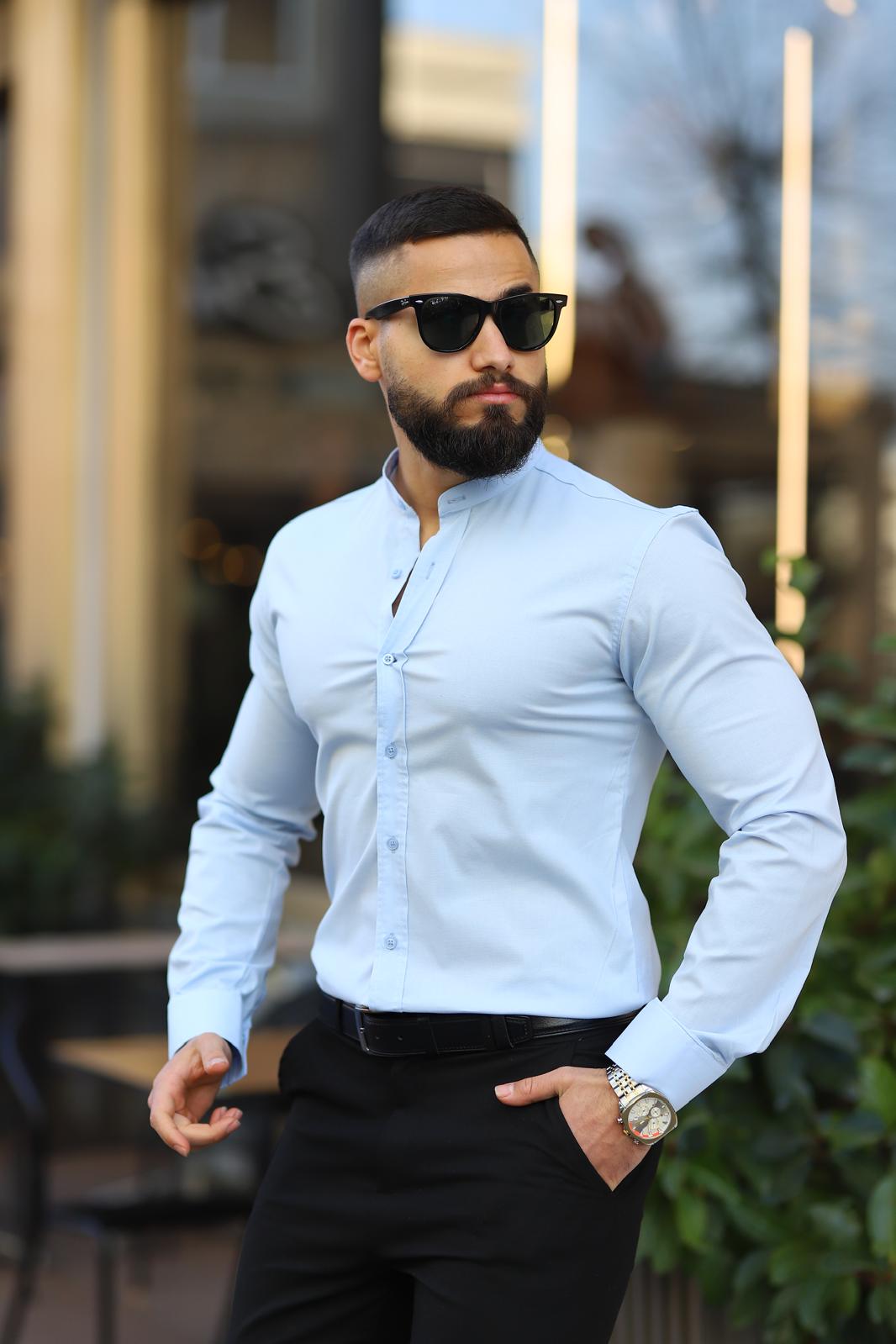 Açık Mavi Slim Fit Hakim Yaka Uzun Kollu Gömlek - Görsel 2