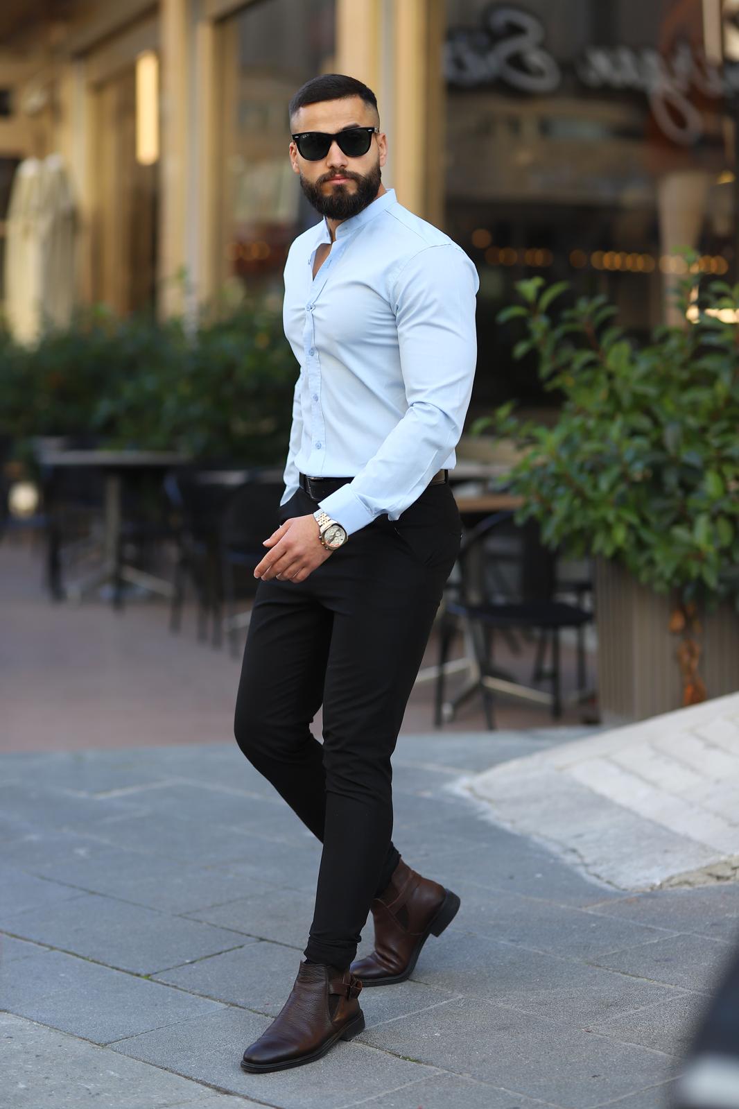 Açık Mavi Slim Fit Hakim Yaka Uzun Kollu Gömlek - Görsel 3