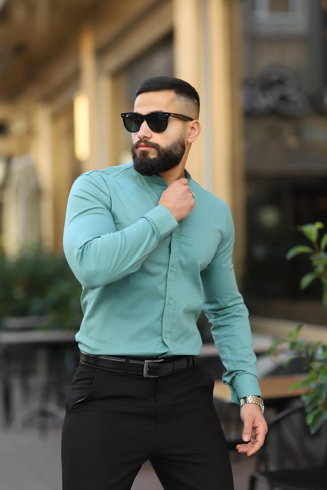Mint Yeşili Slim Fit Hakim Yaka Uzun Kollu Gömlek