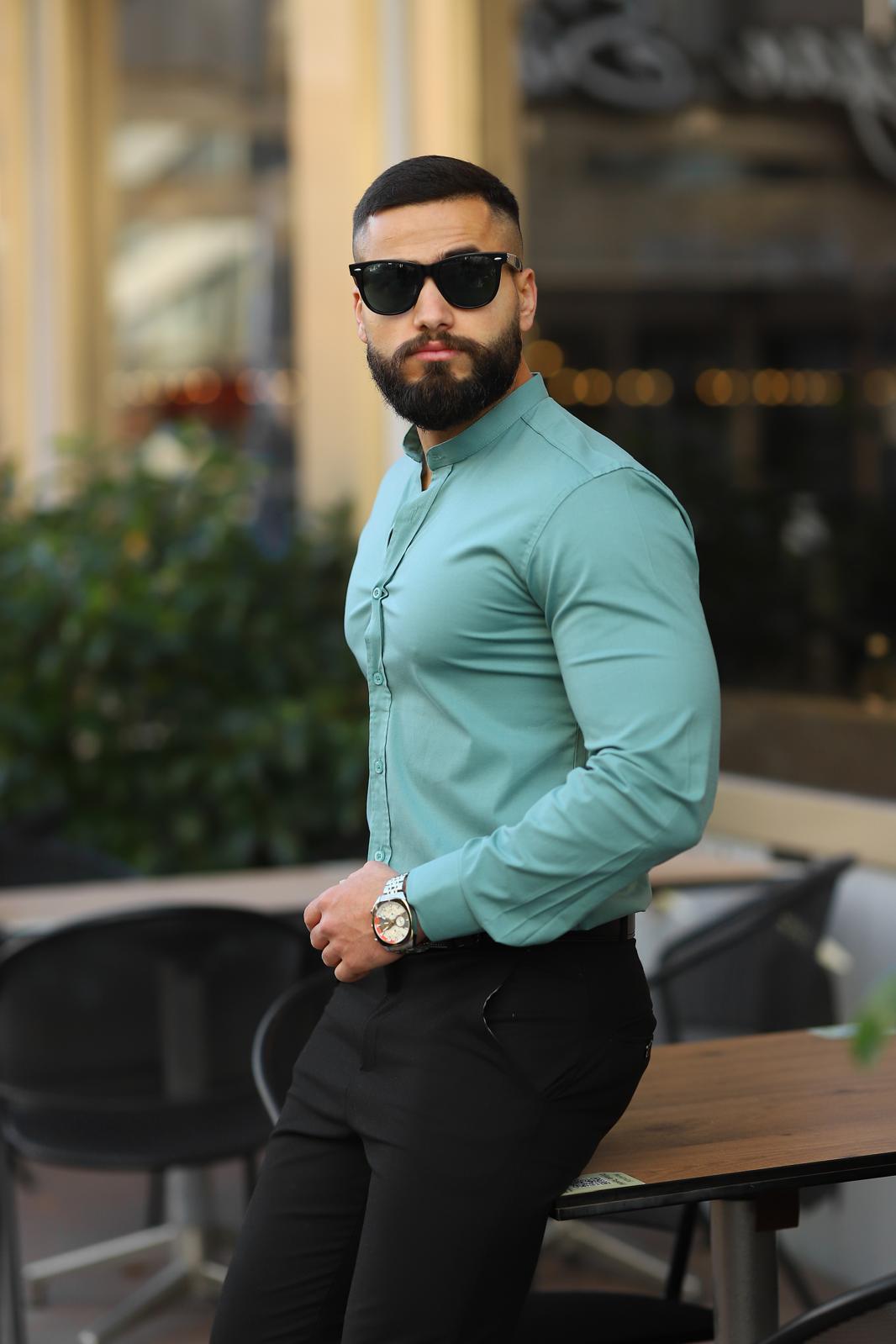 Mint Yeşili Slim Fit Hakim Yaka Uzun Kollu Gömlek - Görsel 2