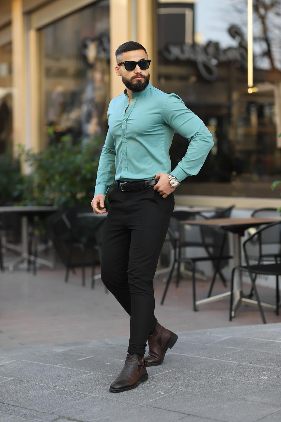 Mint Yeşili Slim Fit Hakim Yaka Uzun Kollu Gömlek - Görsel 3