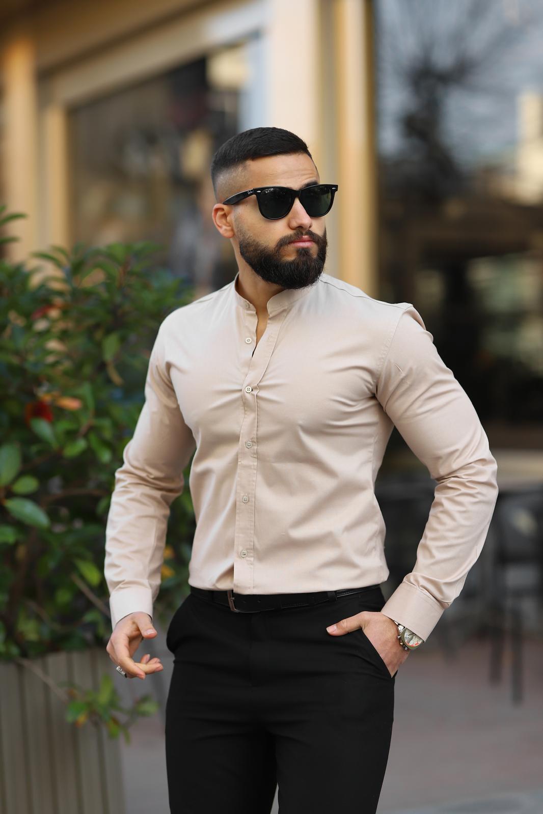 Bej Slim Fit Hakim Yaka Uzun Kollu Erkek Gömlek