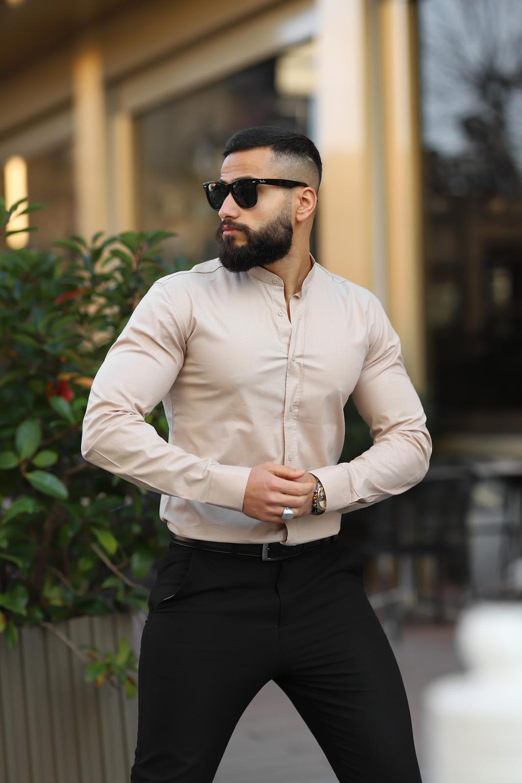 Bej Slim Fit Hakim Yaka Uzun Kollu Erkek Gömlek - Görsel 2