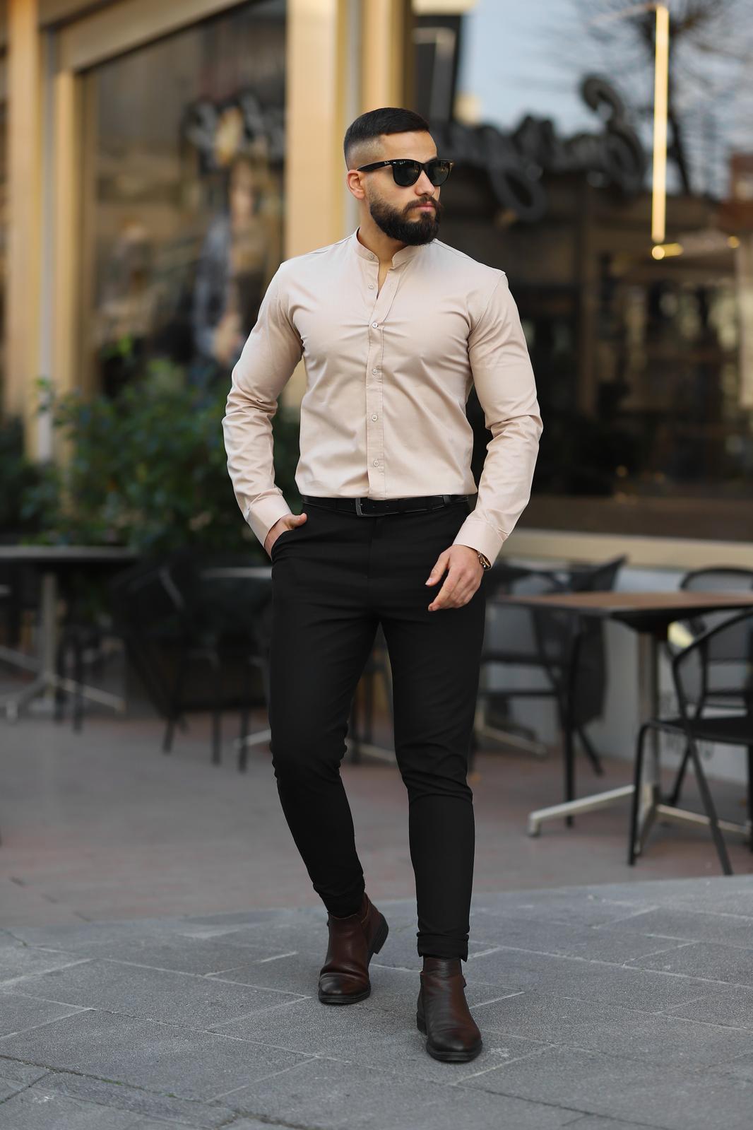 Bej Slim Fit Hakim Yaka Uzun Kollu Erkek Gömlek - Görsel 3