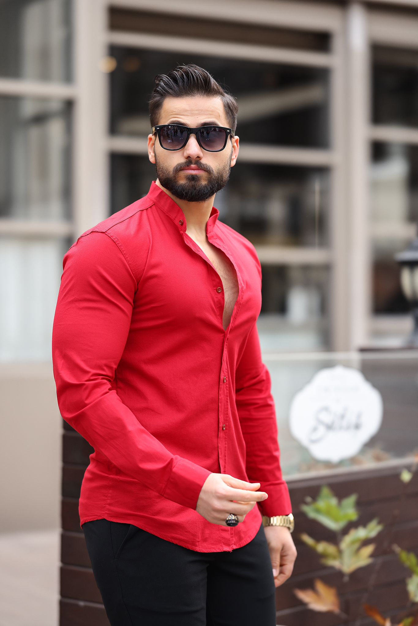 Kırmızı Slim Fit Hakim Yaka Uzun Kollu Erkek Gömlek