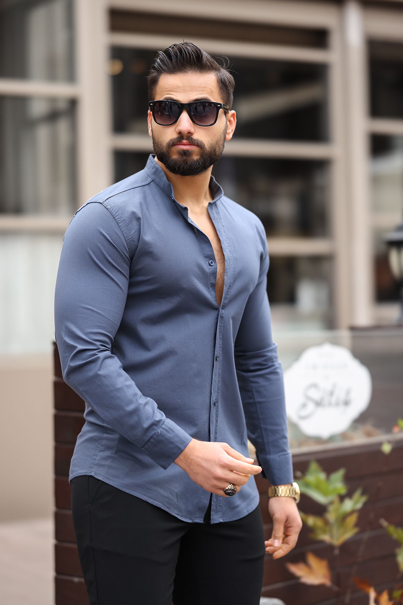 Füme Slim Fit Hakim Yaka Uzun Kollu Erkek Gömlek