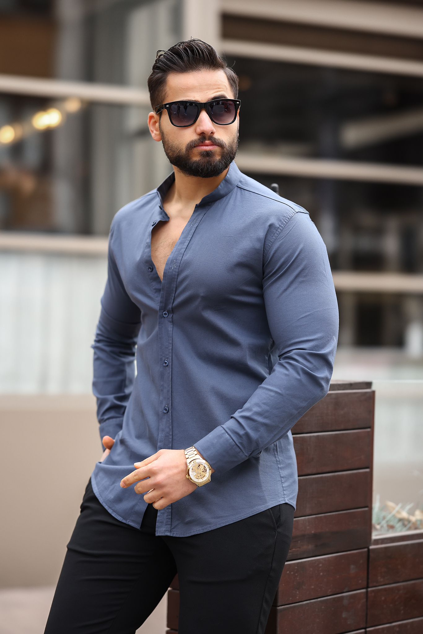 Füme Slim Fit Hakim Yaka Uzun Kollu Erkek Gömlek - Görsel 2