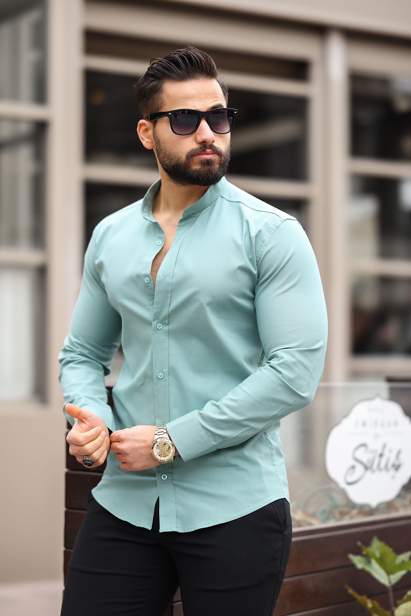 Mint Yeşili Slim Fit Hakim Yaka Uzun Kollu Erkek Gömlek