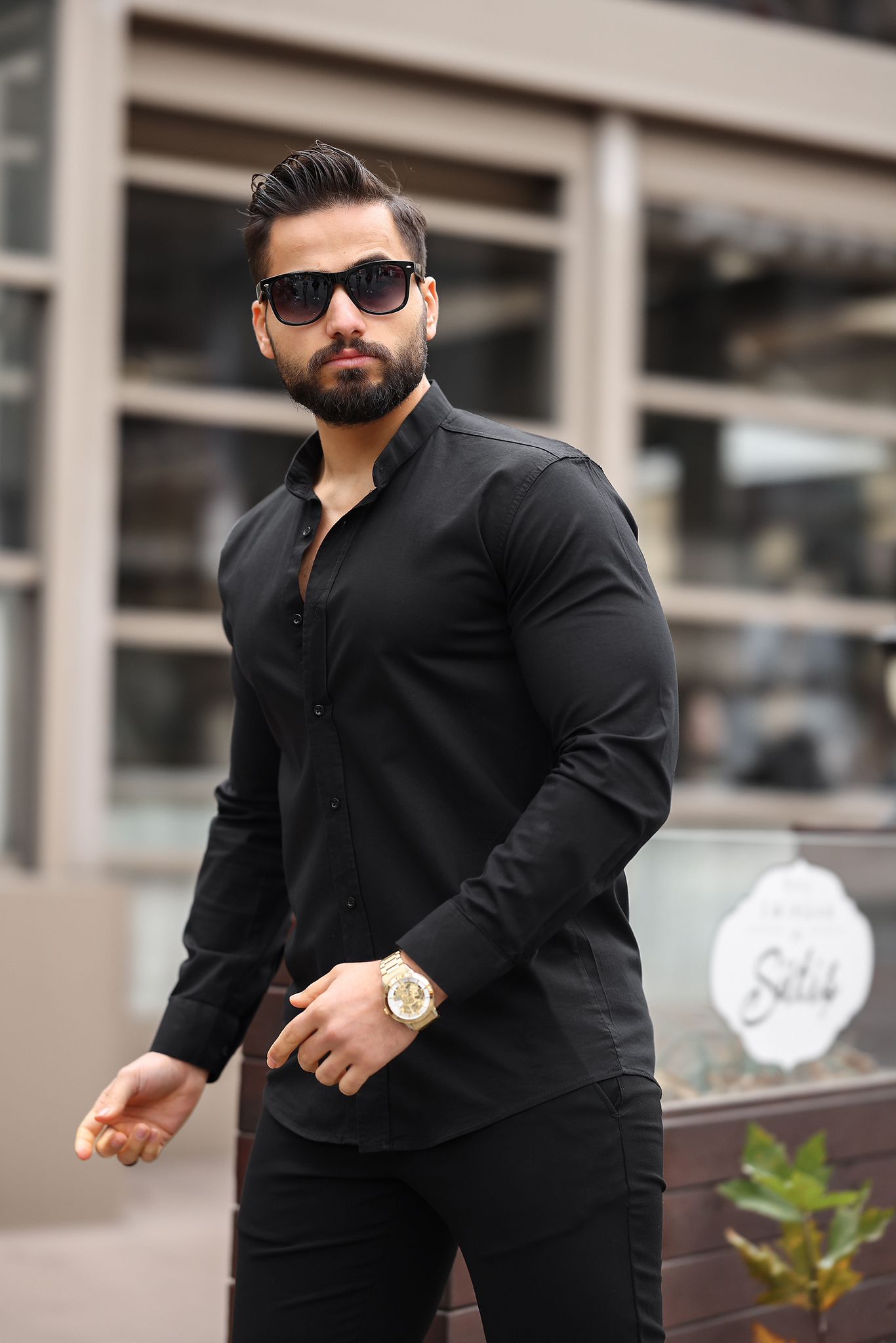 Siyah Slim Fit Hakim Yaka Uzun Kollu Erkek Gömlek - Görsel 2