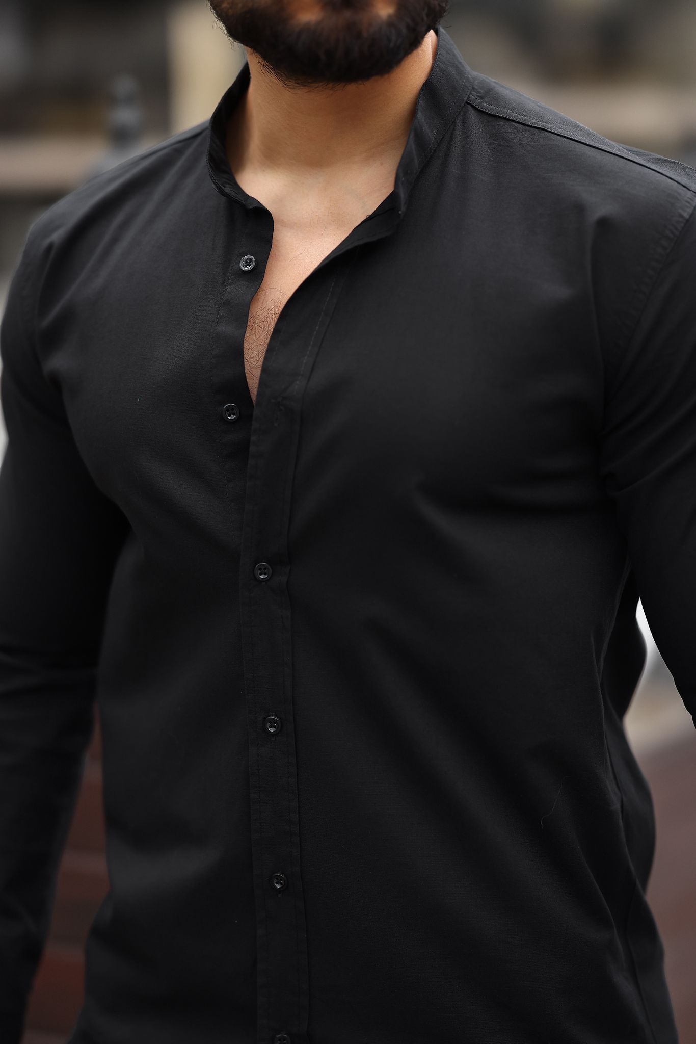 Siyah Slim Fit Hakim Yaka Uzun Kollu Erkek Gömlek - Görsel 3