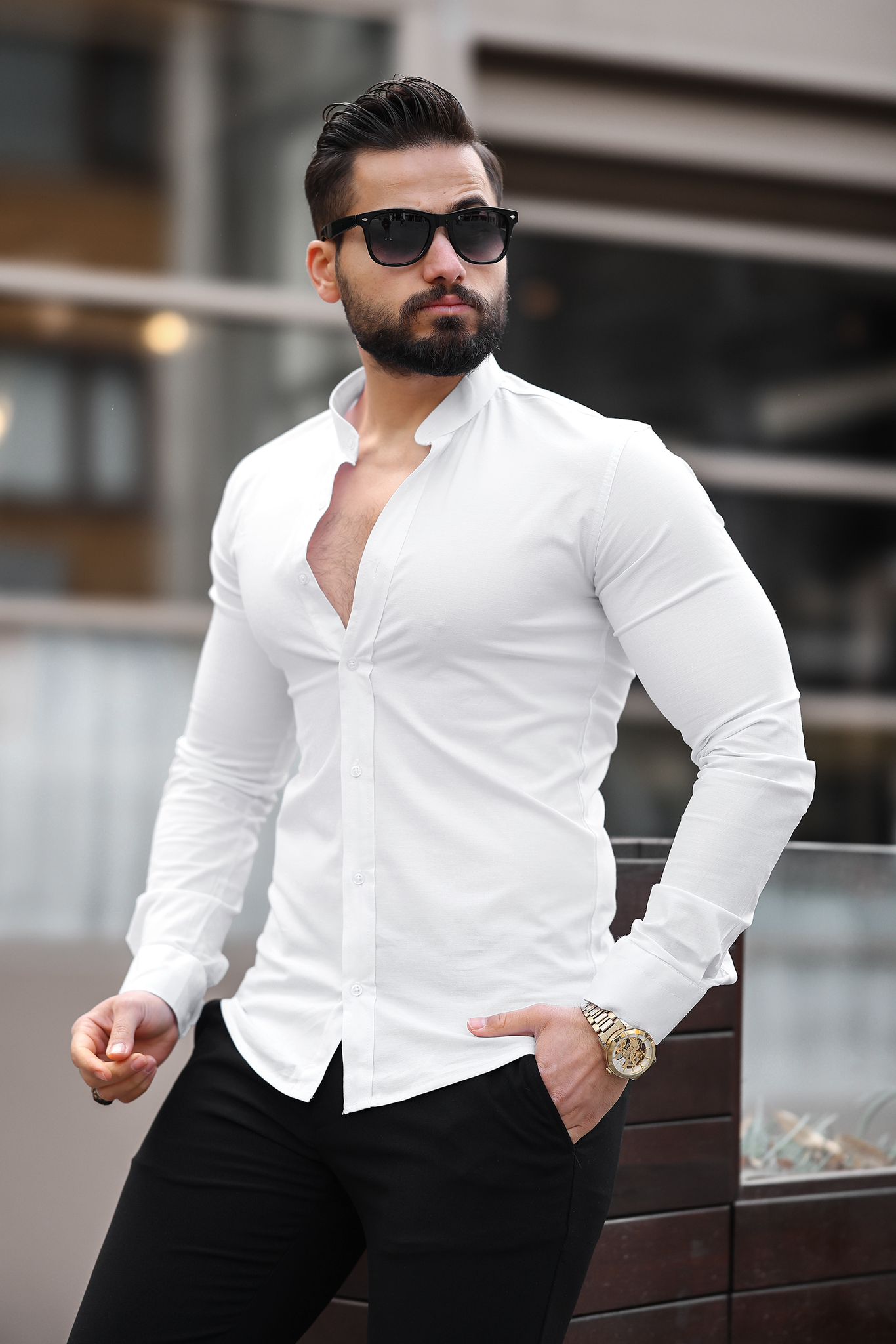 Beyaz Slim Fit Hakim Yaka Uzun Kollu Erkek Gömlek