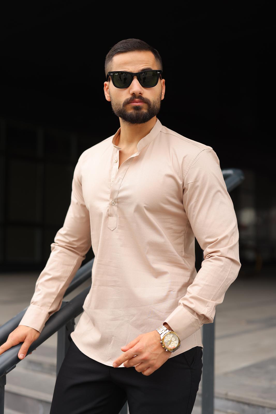 Bej Slim Fit Hakim Yaka Gömlek