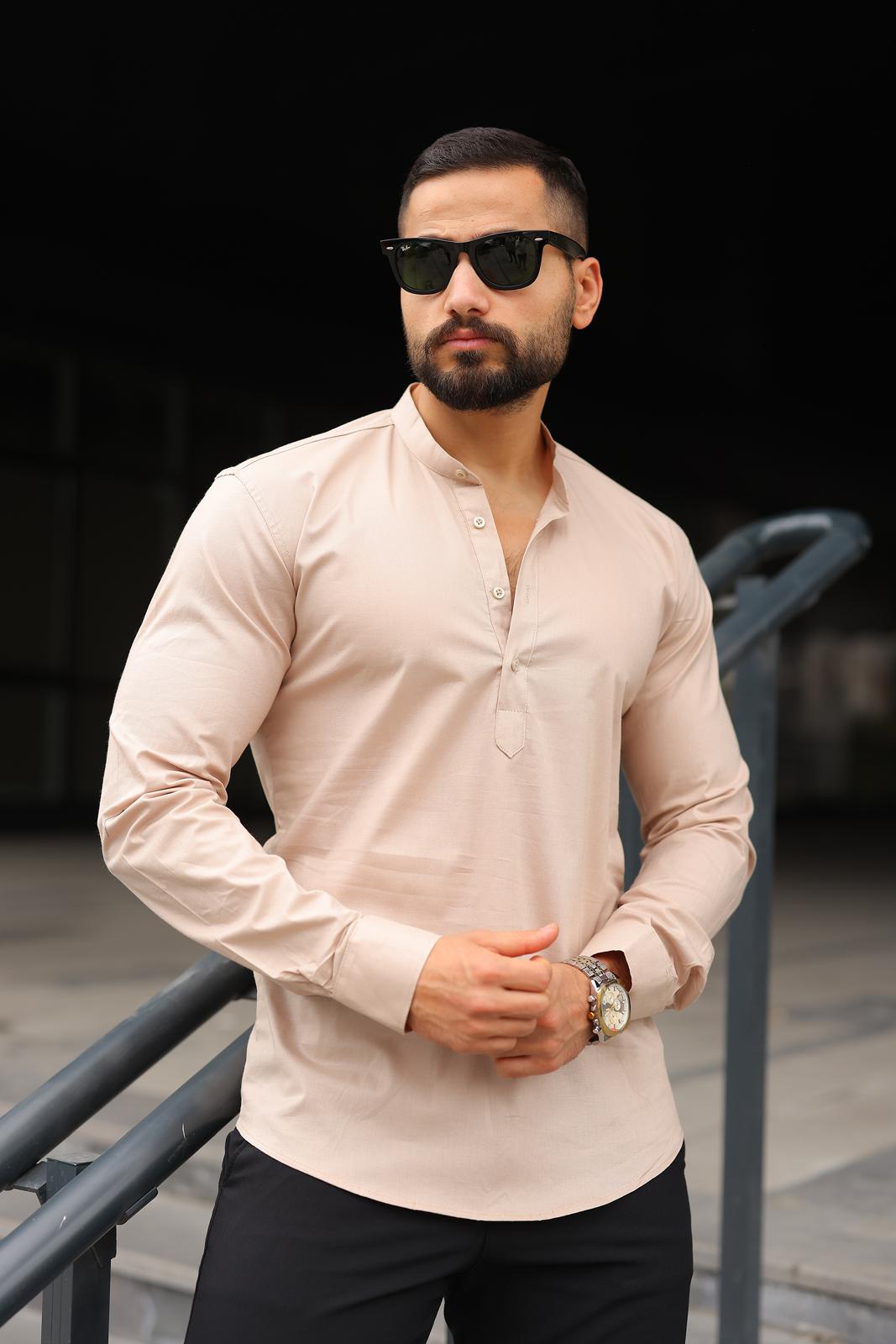Bej Slim Fit Hakim Yaka Gömlek - Görsel 2