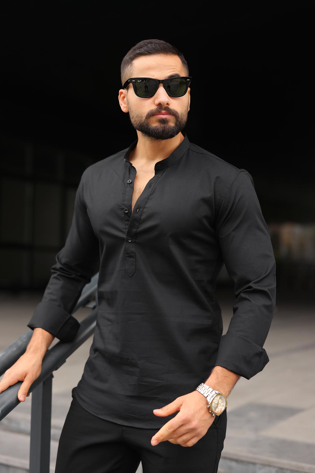 Siyah Slim Fit Hakim Yaka  Gömlek