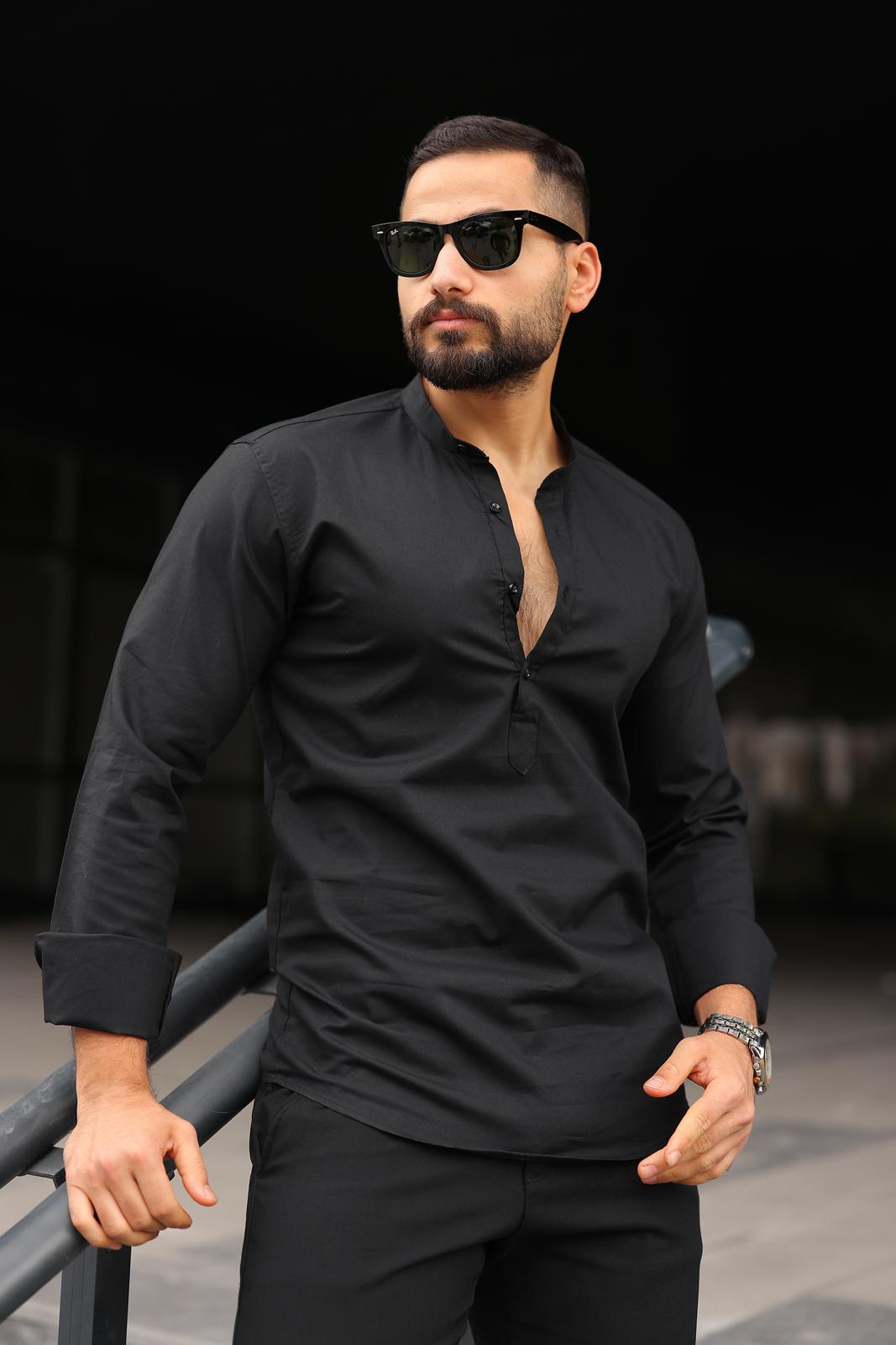 Siyah Slim Fit Hakim Yaka  Gömlek - Görsel 3