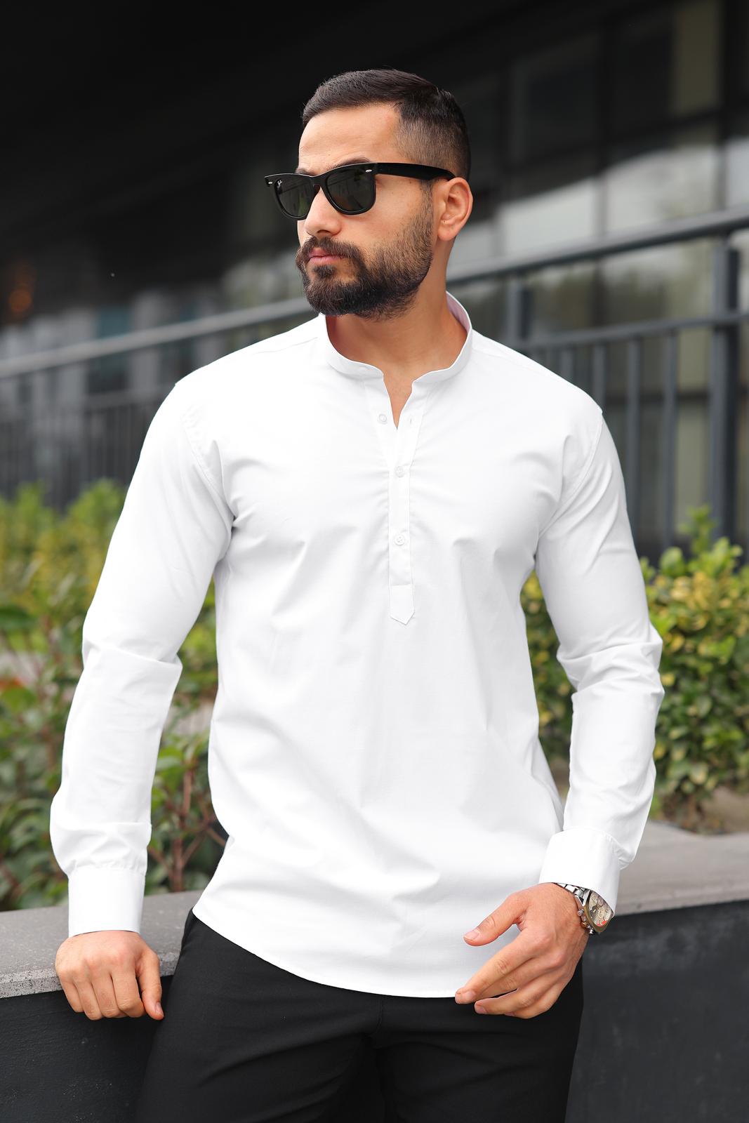 Beyaz Hakim Yaka Üç Düğmeli  Slim Fit Erkek Gömlek