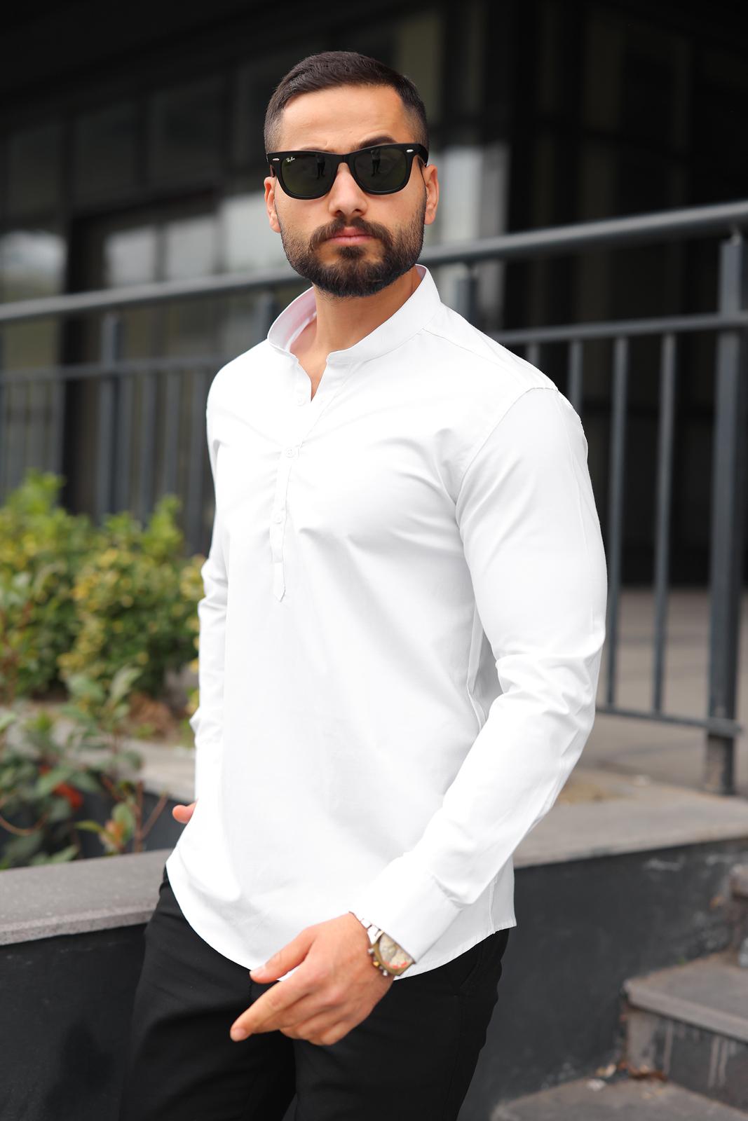Beyaz Hakim Yaka Üç Düğmeli  Slim Fit Erkek Gömlek - Görsel 2