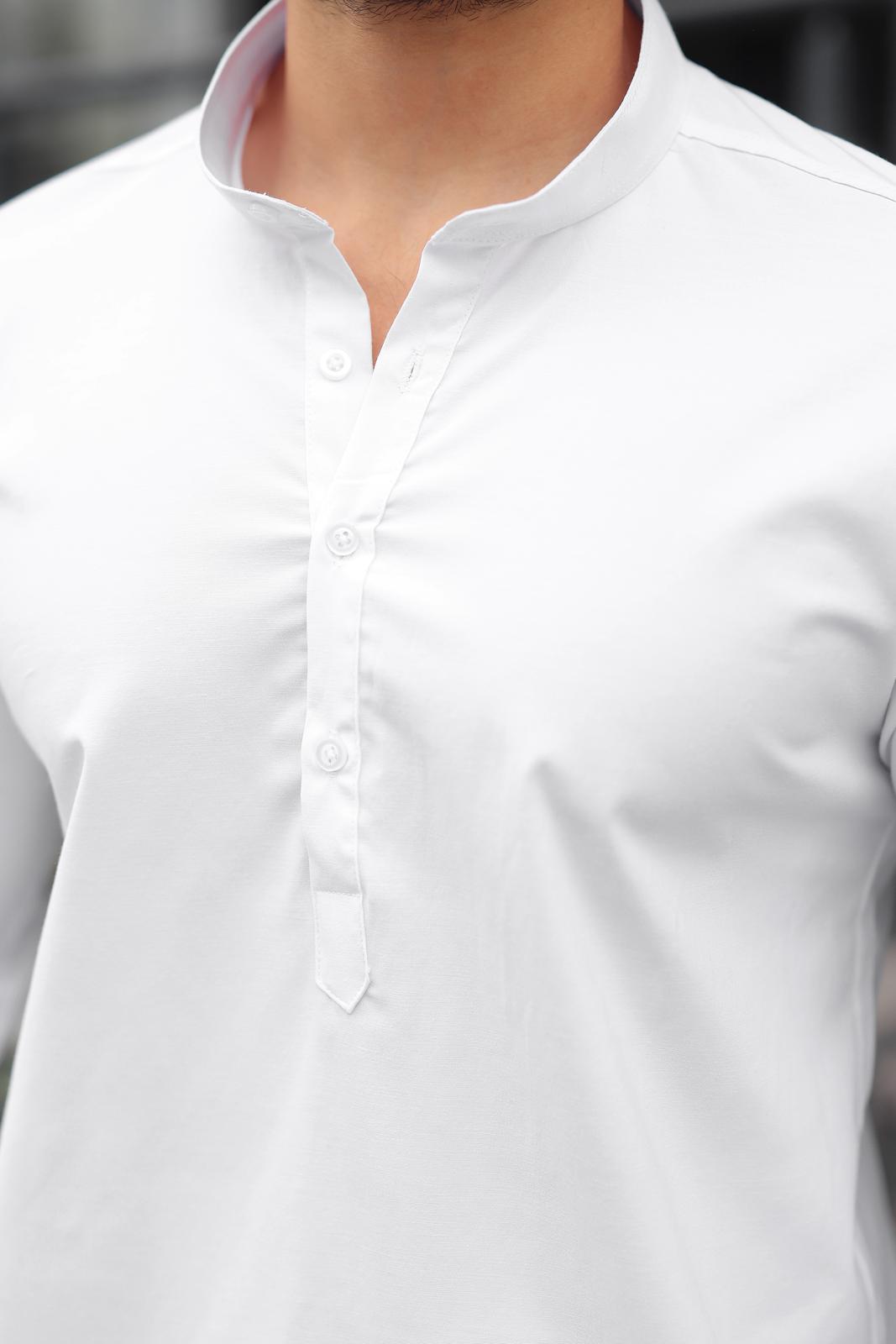 Beyaz Hakim Yaka Üç Düğmeli  Slim Fit Erkek Gömlek - Görsel 4