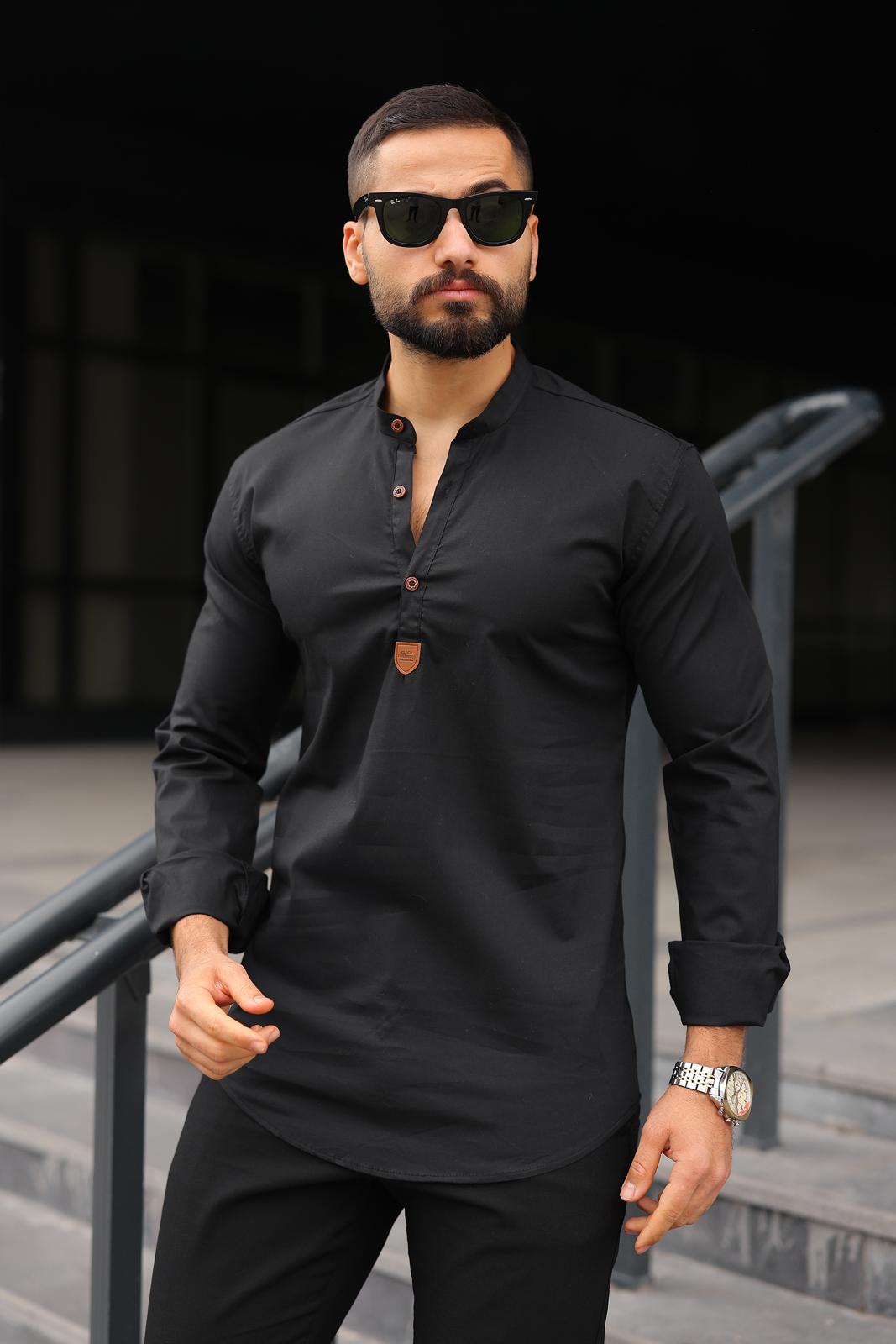 Siyah Hakim Yaka Üç Düğmeli Slim Fit Erkek Gömlek