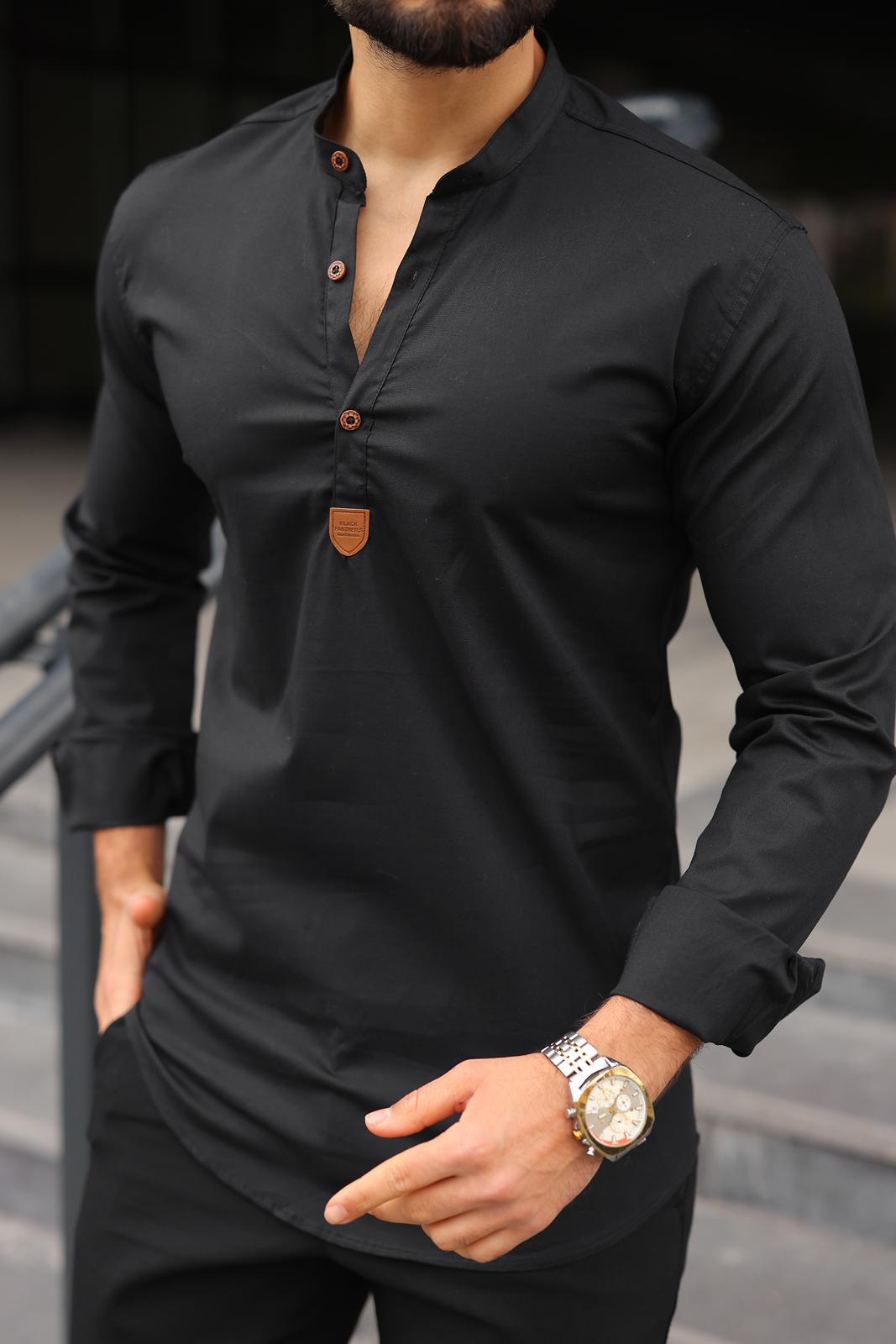 Siyah Hakim Yaka Üç Düğmeli Slim Fit Erkek Gömlek - Görsel 2