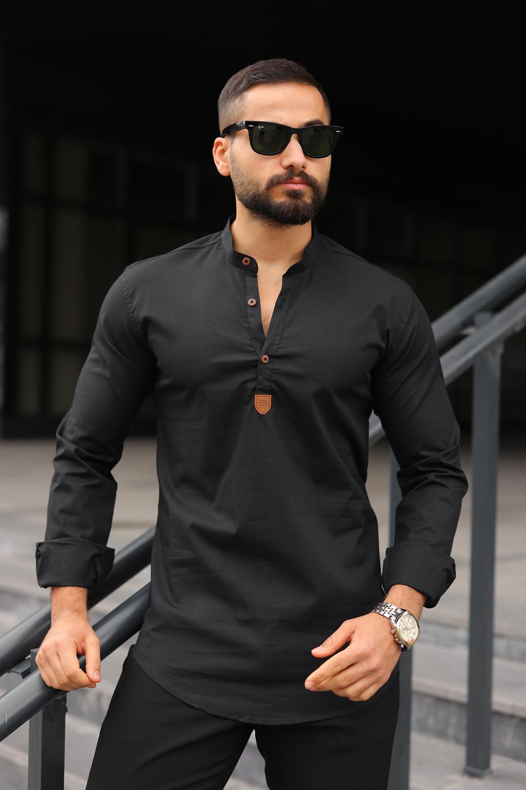 Siyah Hakim Yaka Üç Düğmeli Slim Fit Erkek Gömlek - Görsel 3