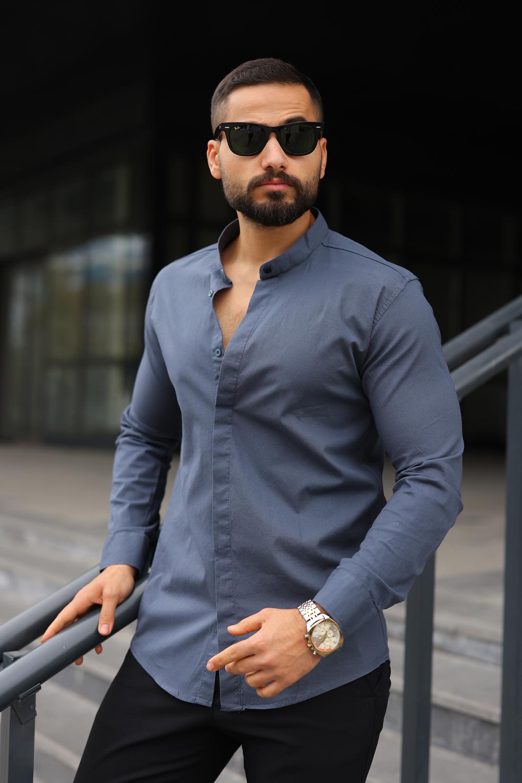 Çıtçıtlı Füme Hakim Yaka Slim Fit  Erkek Gömlek