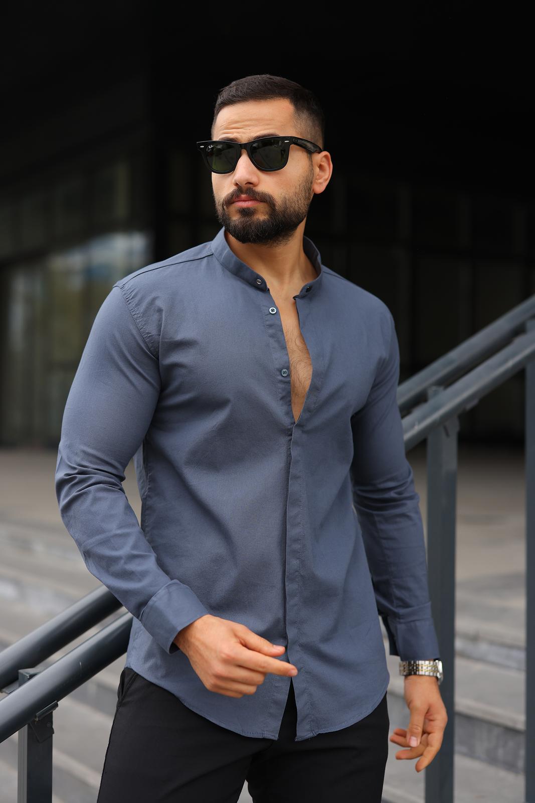 Çıtçıtlı Füme Hakim Yaka Slim Fit  Erkek Gömlek - Görsel 3