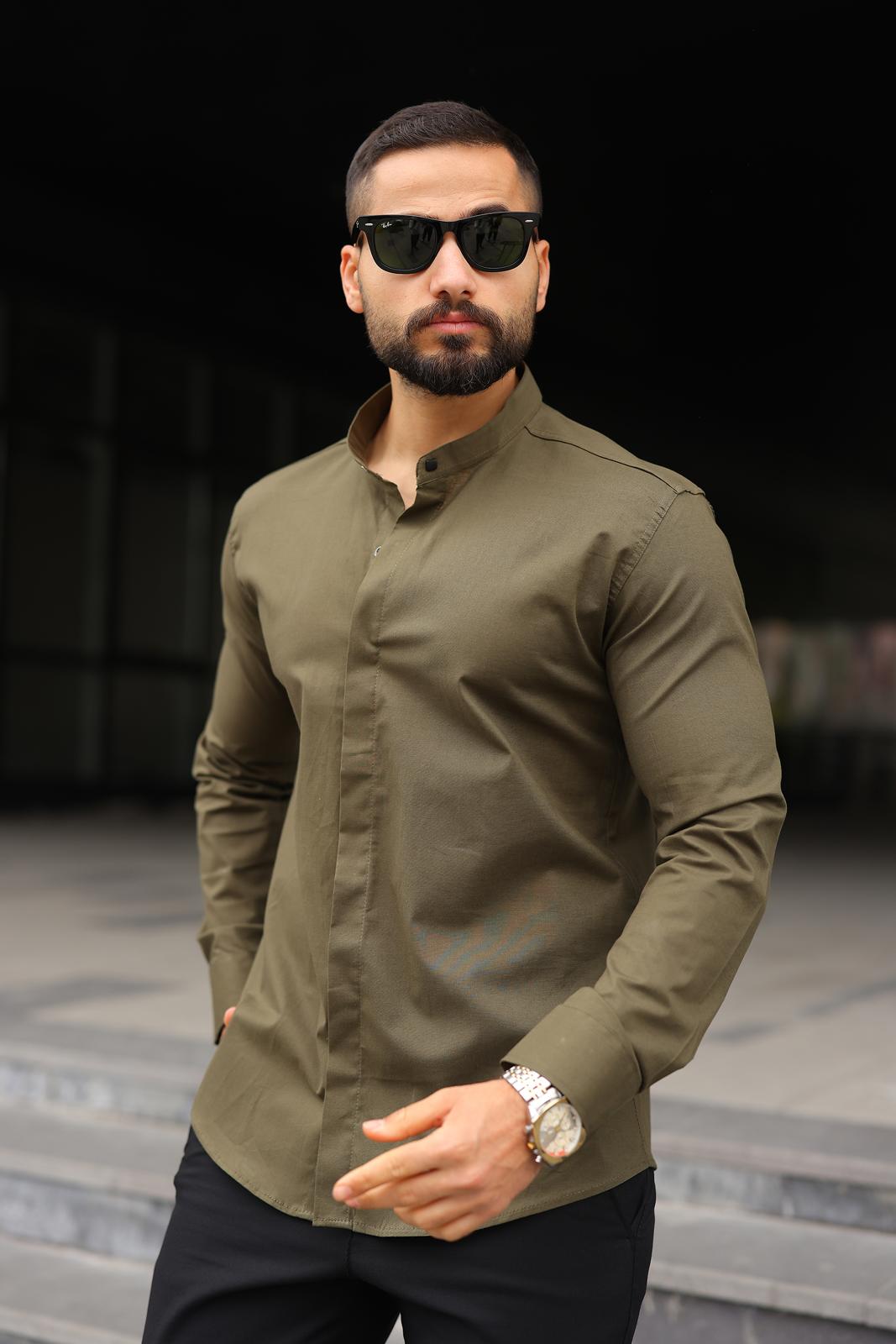 Çıtçıtlı Haki Hakim Yaka Slim Fit  Erkek Gömlek