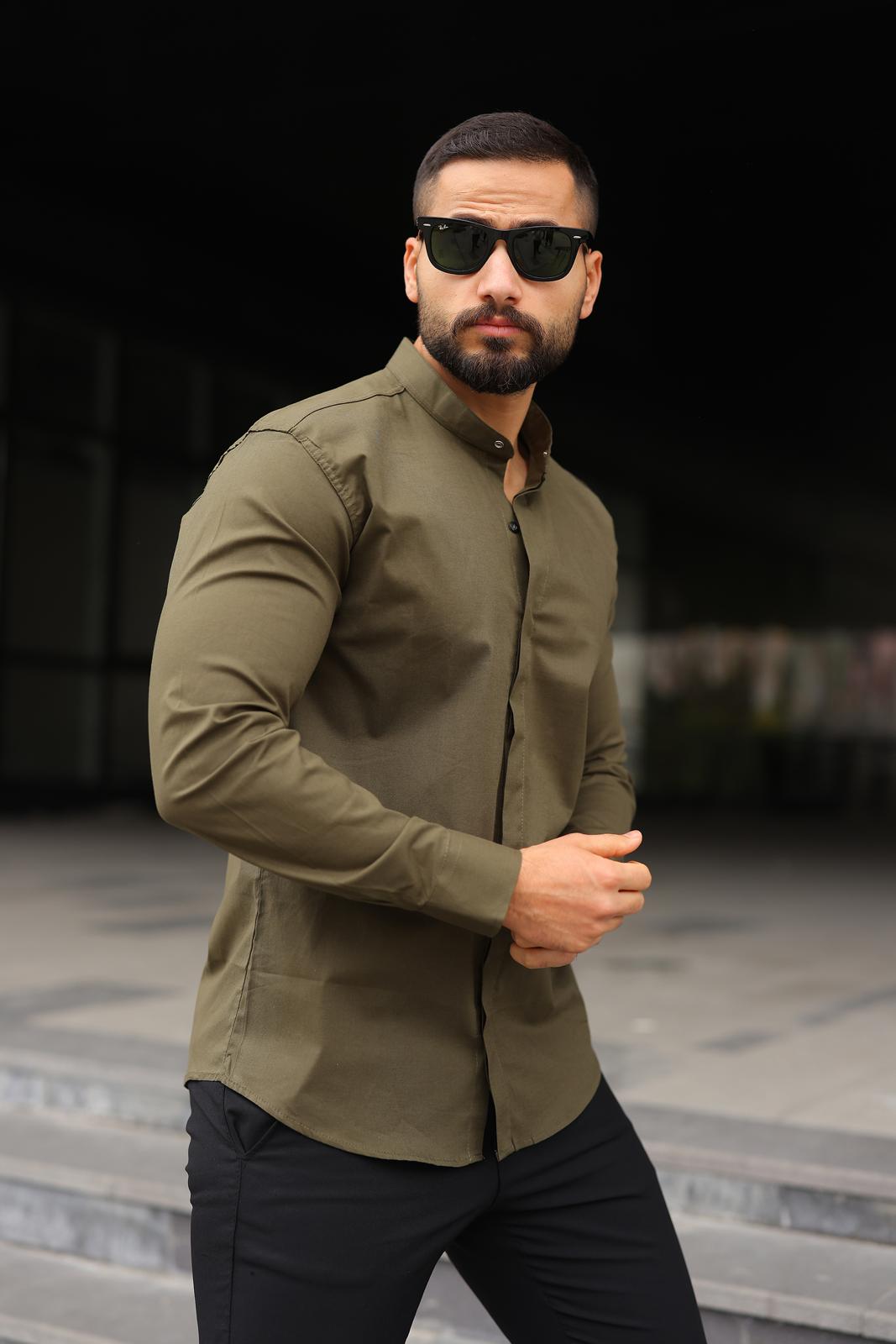 Çıtçıtlı Haki Hakim Yaka Slim Fit  Erkek Gömlek - Görsel 3