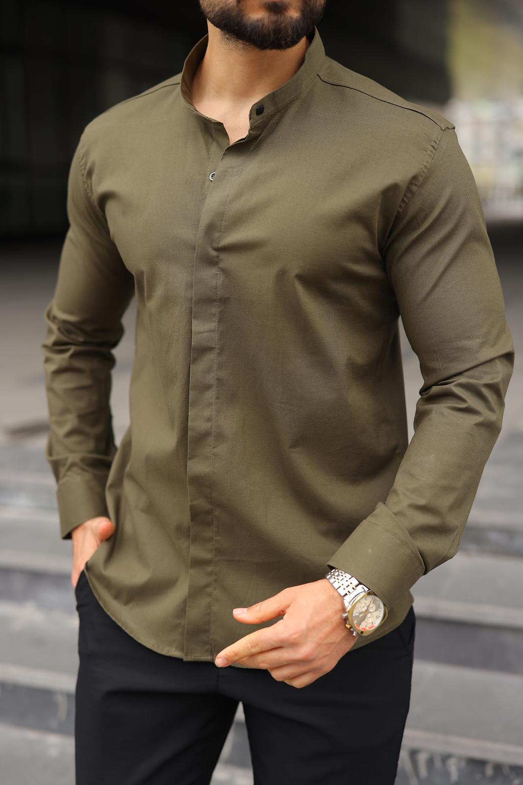 Çıtçıtlı Haki Hakim Yaka Slim Fit  Erkek Gömlek - Görsel 4