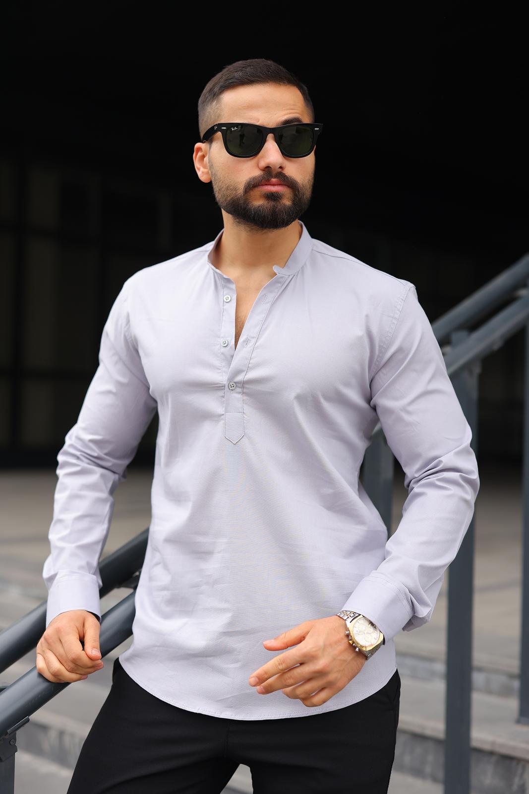 Açık Gri Üç Düğmeli Slim Fit Erkek Gömlek - Görsel 2