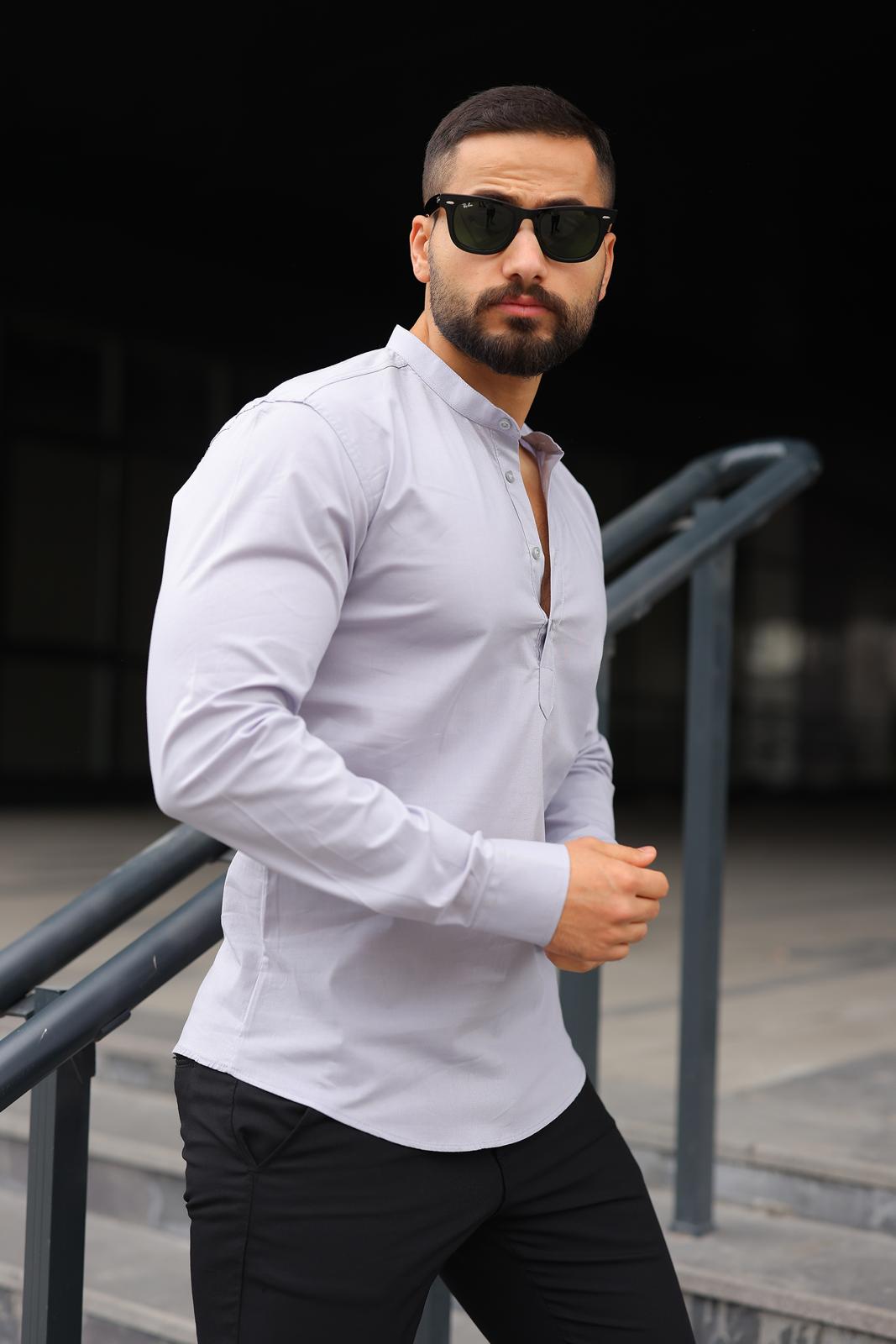 Açık Gri Üç Düğmeli Slim Fit Erkek Gömlek - Görsel 4