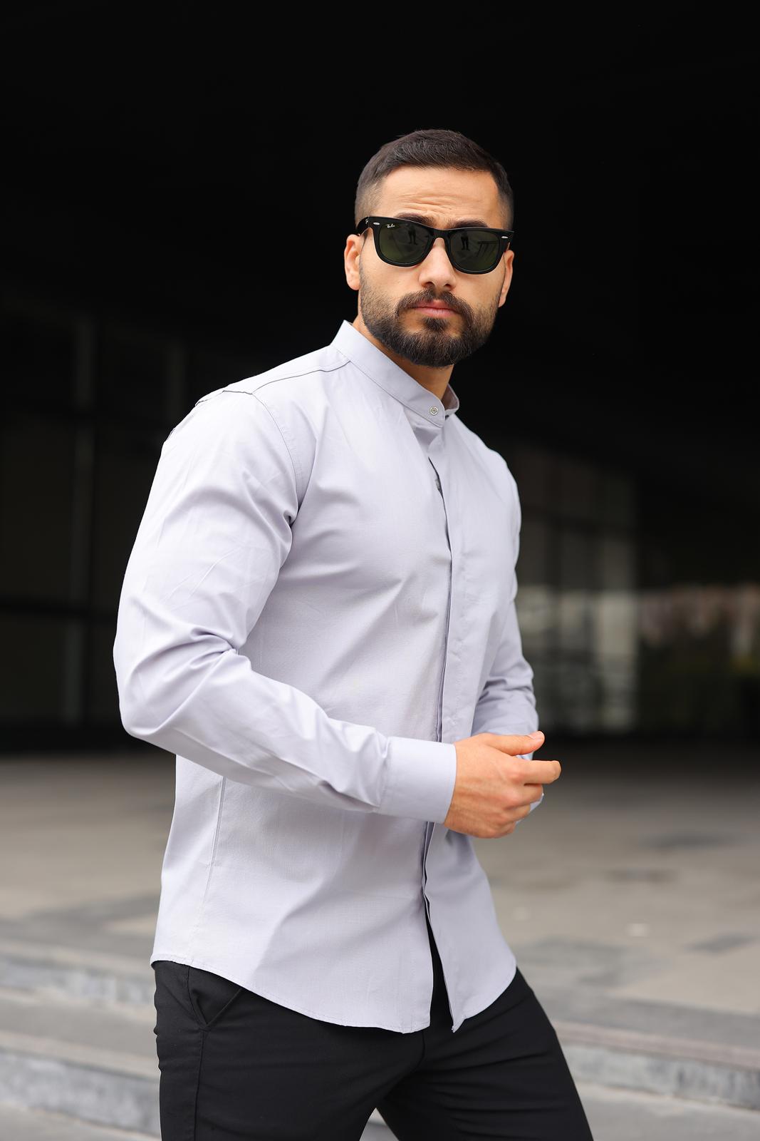 Açık Gri Çıtçıtlı Hakim Yaka Slim Fit  Erkek Gömlek