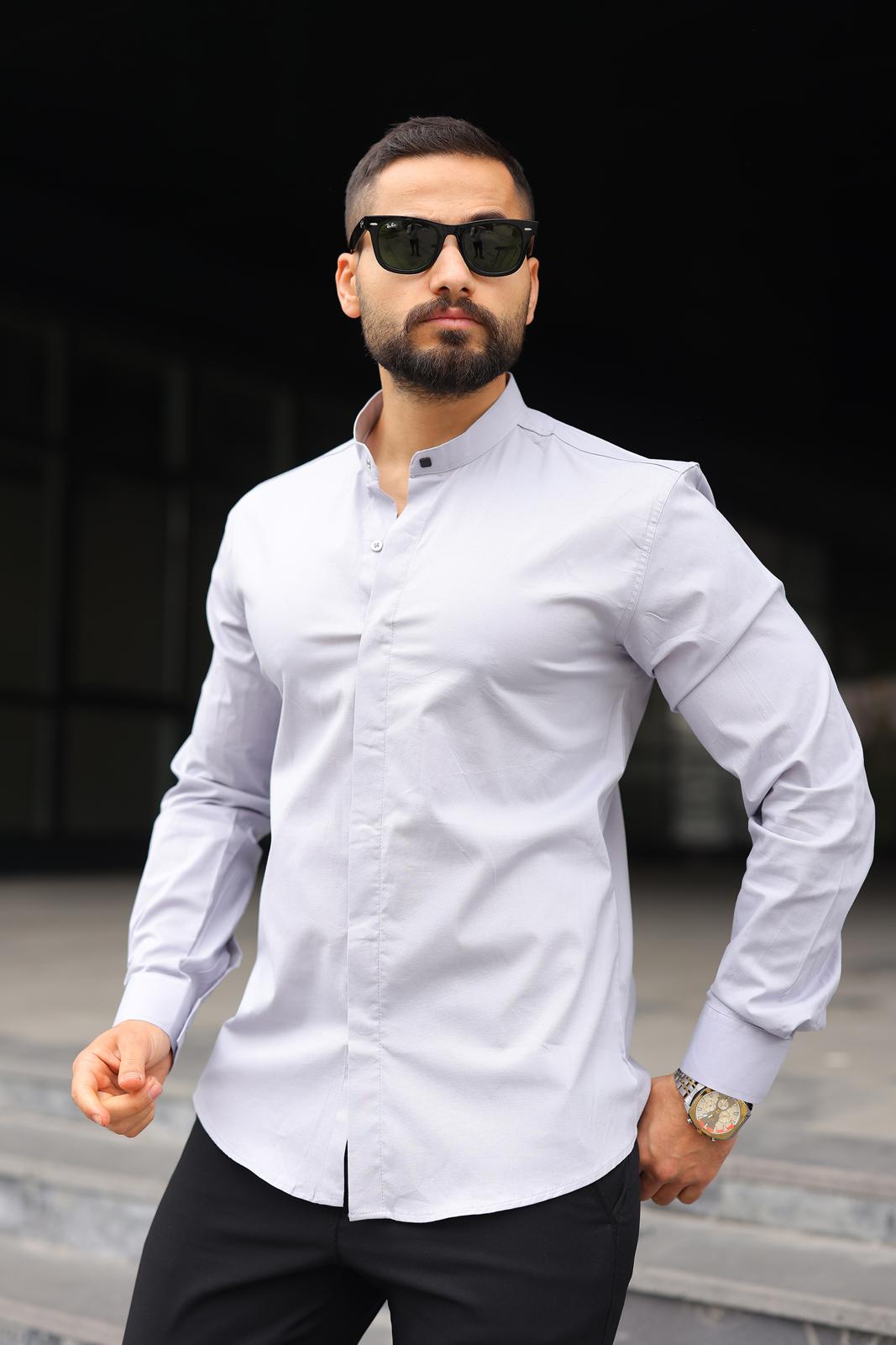 Açık Gri Çıtçıtlı Hakim Yaka Slim Fit  Erkek Gömlek - Görsel 3
