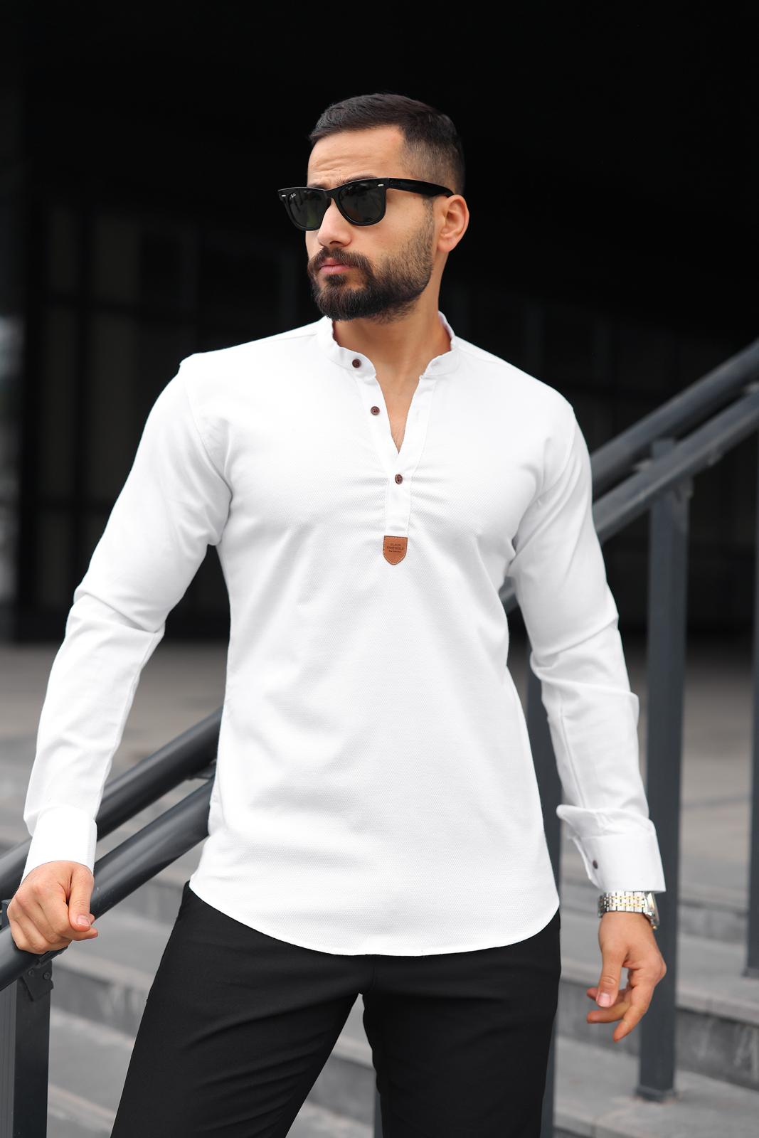 Beyaz Hakim Yaka Armürlü Slim Fit Erkek Gömlek