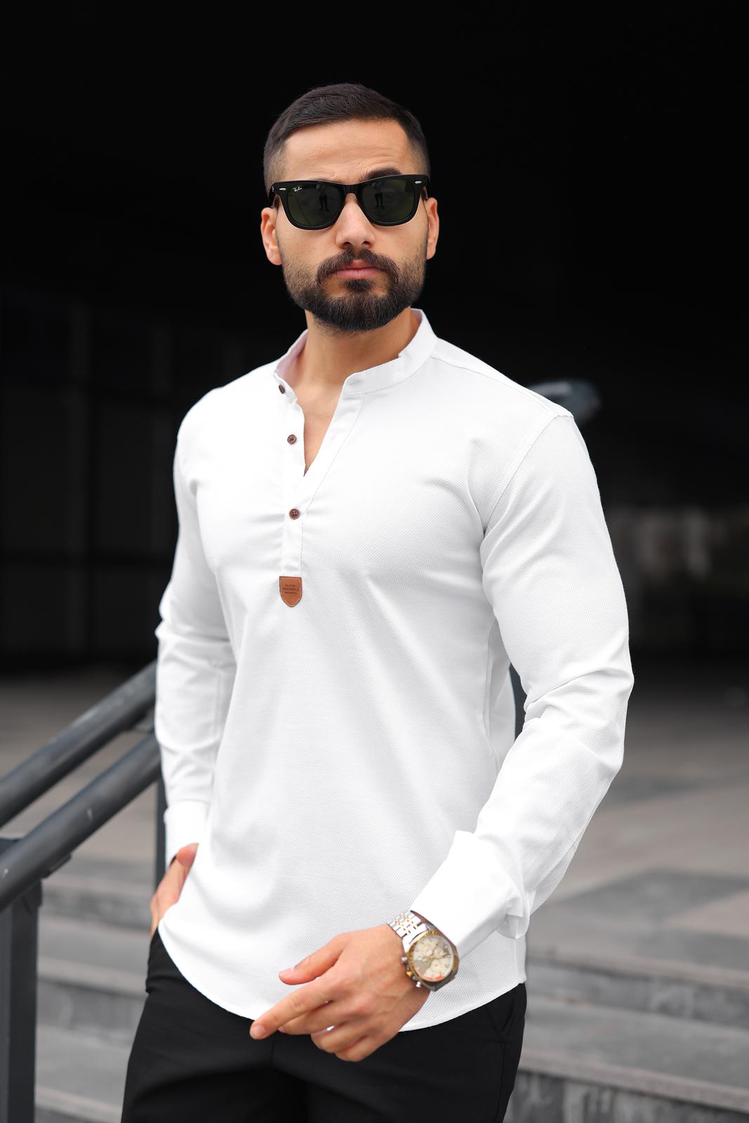 Beyaz Hakim Yaka Armürlü Slim Fit Erkek Gömlek - Görsel 3