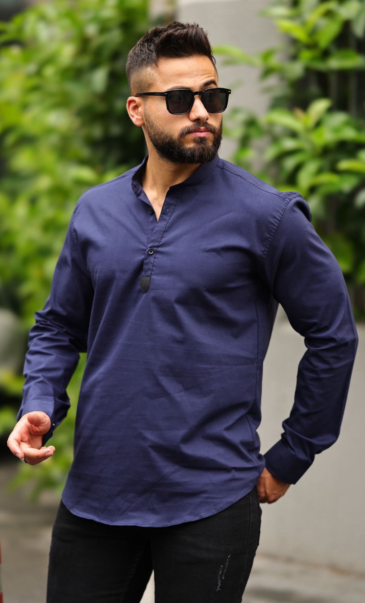 Lacivert Slim Fit Hakim Derili Gömlek 