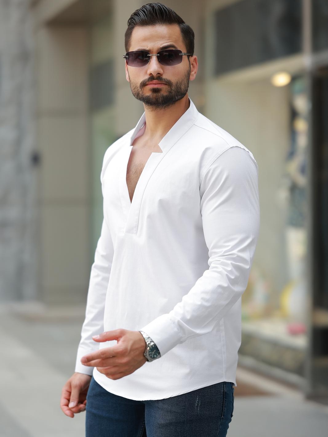 V Yaka Uzun Kollu Erkek Gömlek - Görsel 2
